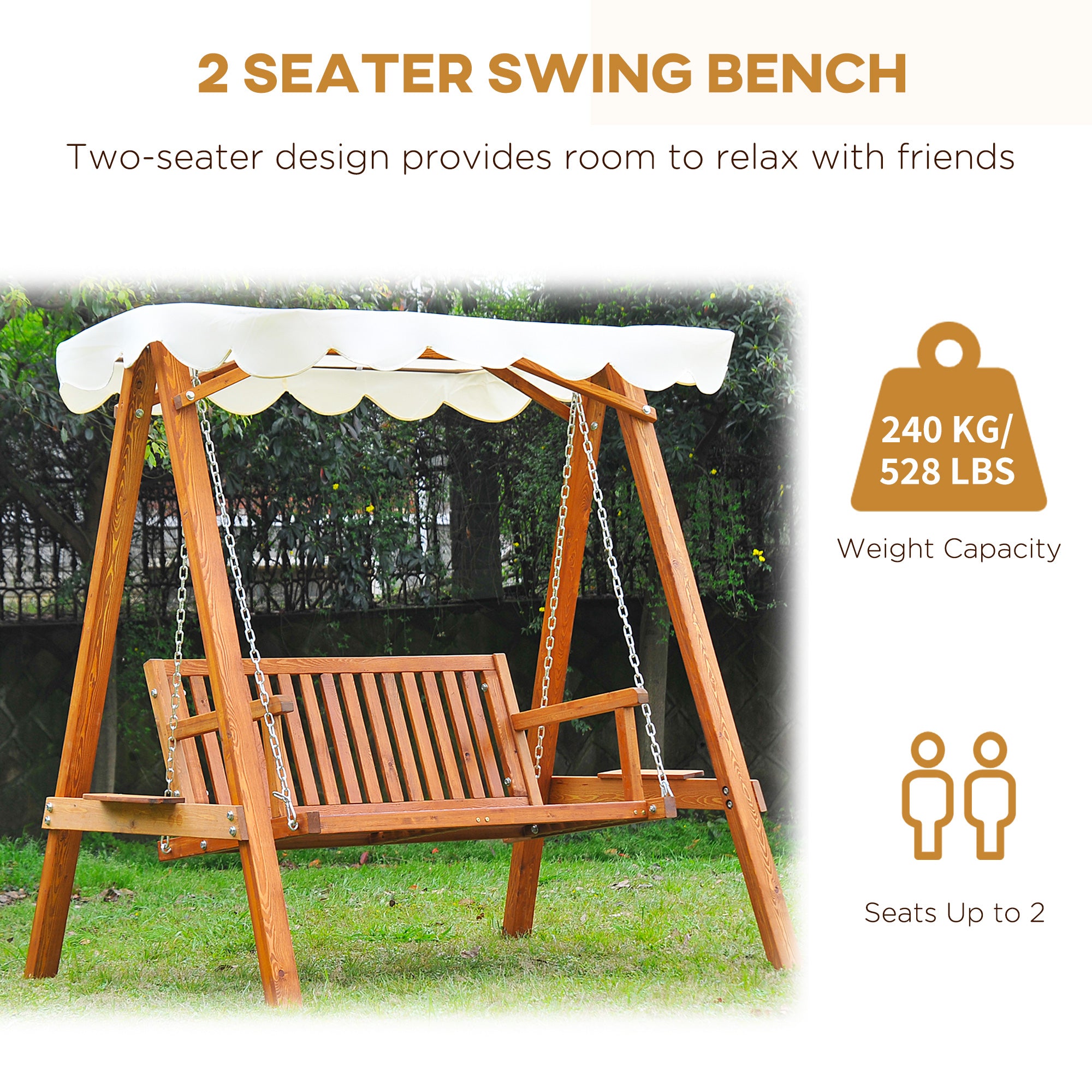 Outsunny 2 Seater Garden Swing Seat with Canopy, Wooden Swing Chair, Outdoor Hammock Bench for Balcony Patio Porch, Cream White