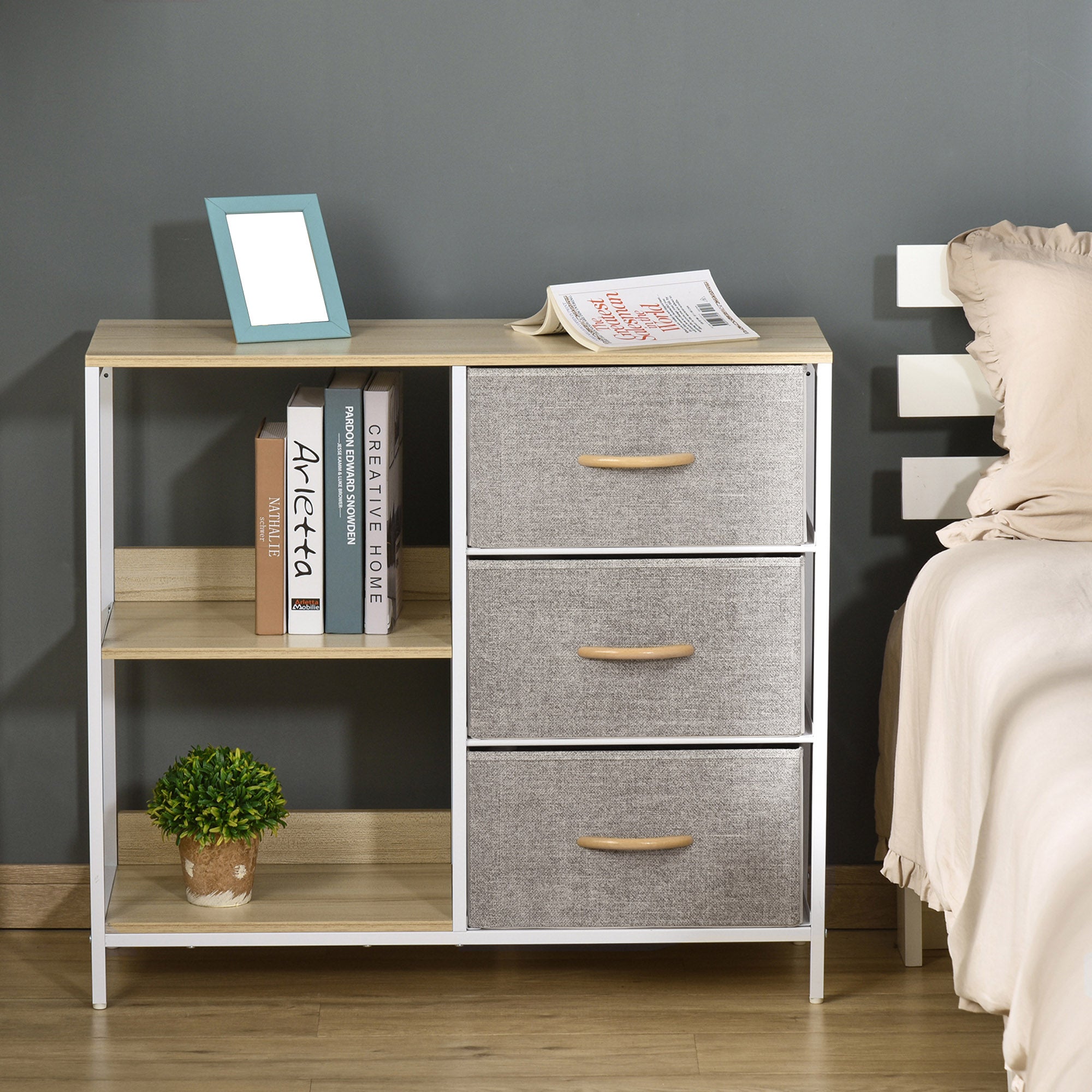 HOMCOM Chest of Drawers Storage Dresser Cabinet Organizer with 3 Fabric Drawers and 2 Display Shelves for Living Room, Bedroom, Hallway, Beige - North Peak Garden Furniture