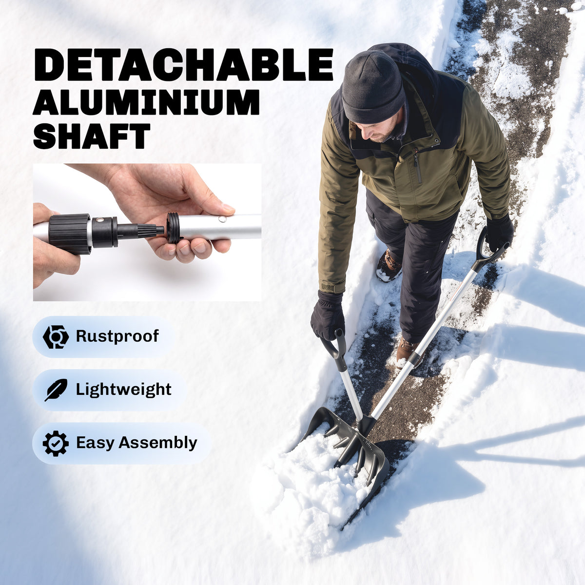 Outsunny Heavy-Duty Snow Shovel with Assist Handle, Portable Snow Pusher with 45cm Wide Blade, Detachable Aluminium Handle