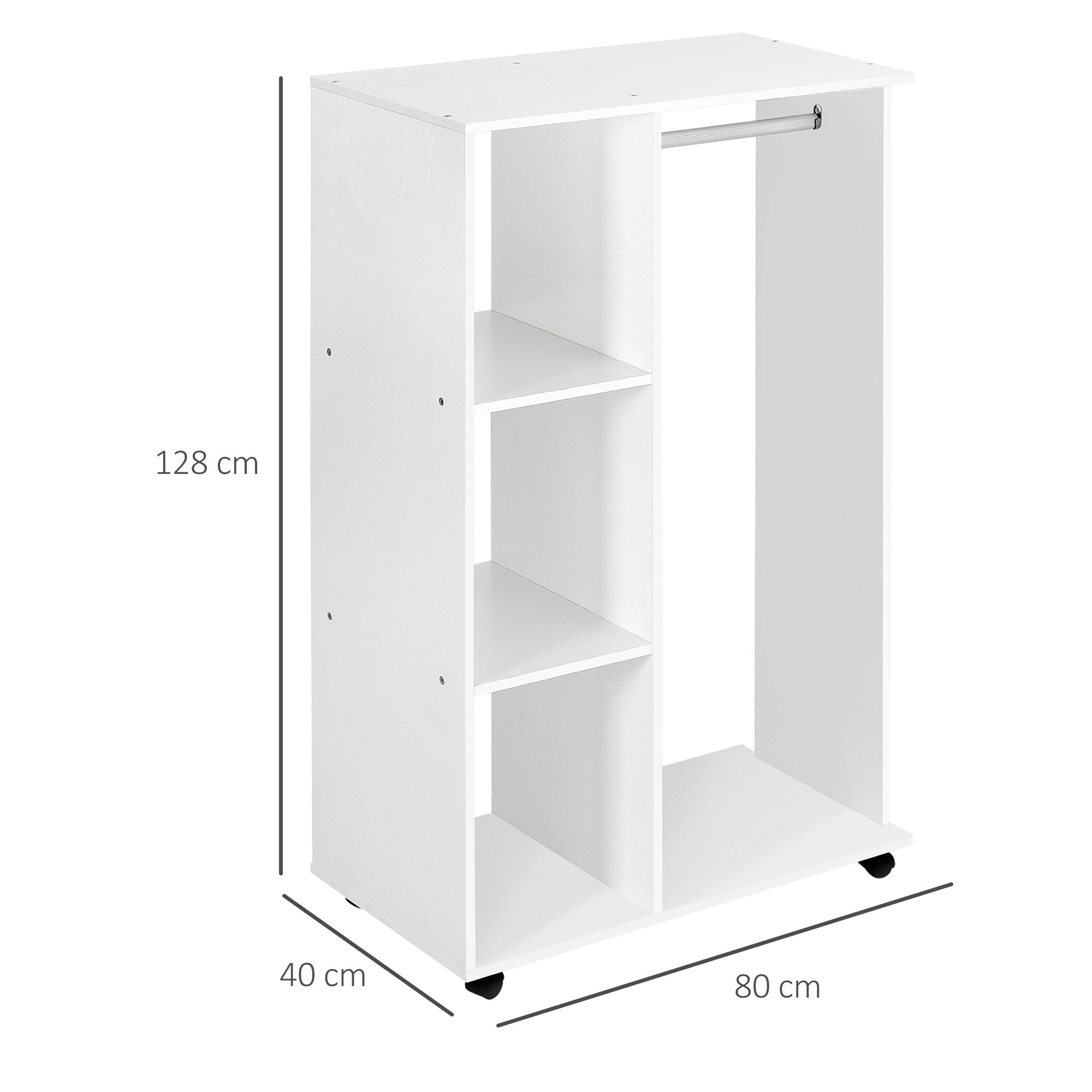 HOMCOM Open Wardrobe on Wheels with Clothes Rail, Bedroom Clothes Storage with Hanging Rod, 3 Storage Shelves, Mobile Garment Rack for Cloakroom, Hallway, White - North Peak Garden Furniture