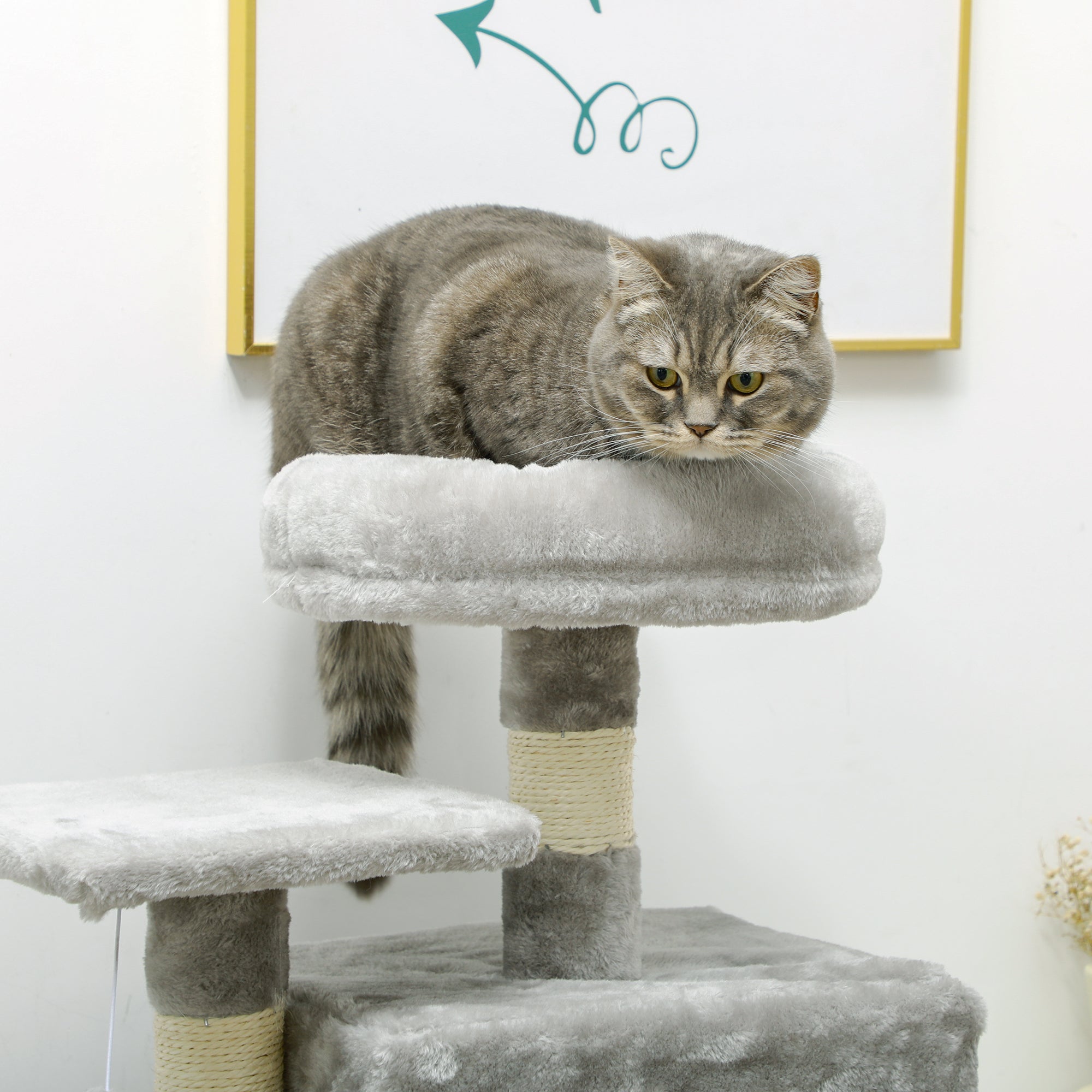 PawHut 132cm Cat Tree with Scratching Post, House, Hammock, Toy Balls - Grey - North Peak Garden Furniture