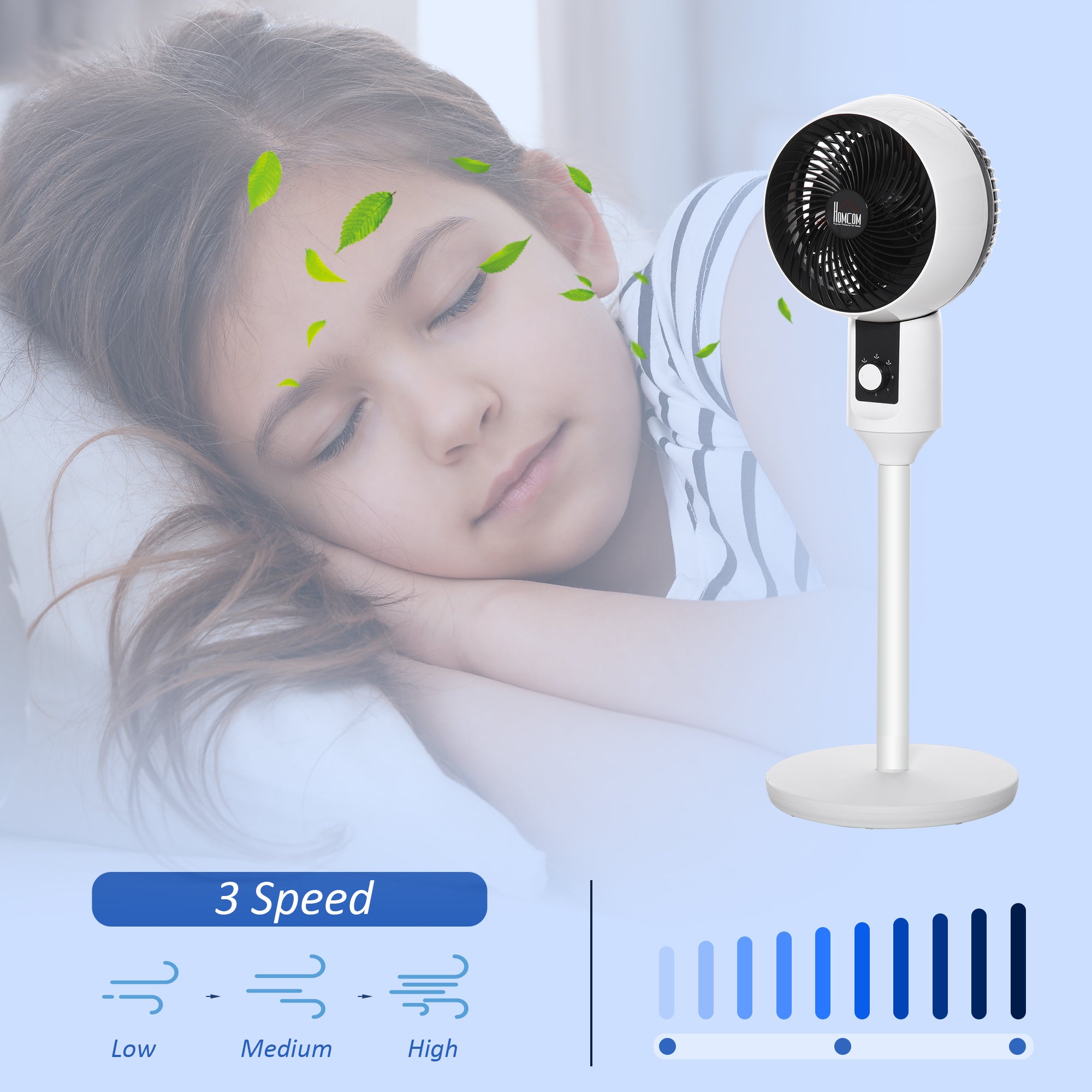 HOMCOM 9'' Air Circulator Fan 3 Speed, 70° Oscillation 90° Vertical Tilt, Carry Handle, Pedestal Fan, Air Circulator for Living Room, Bedroom, Office, White - North Peak Garden Furniture
