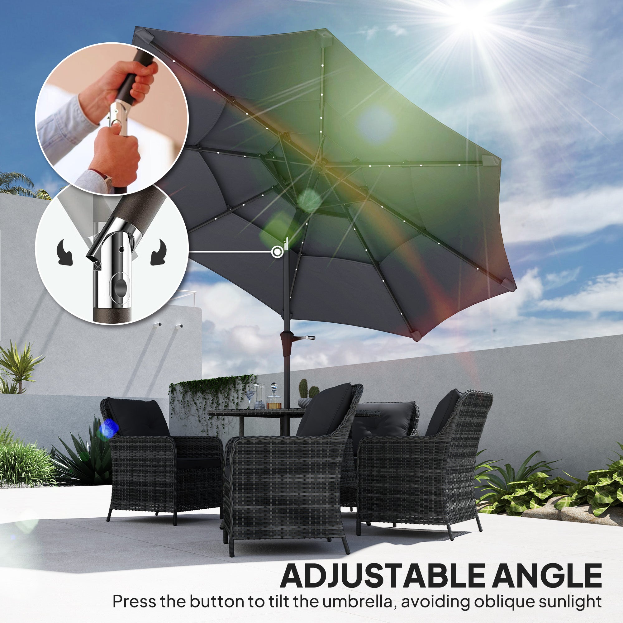 Outsunny 3-Tier Garden Parasol with Solar LED Lights, UPF 30+, Tilt Mechanism & Crank Handle, for Market Terrace, Dark Grey - North Peak Garden Furniture