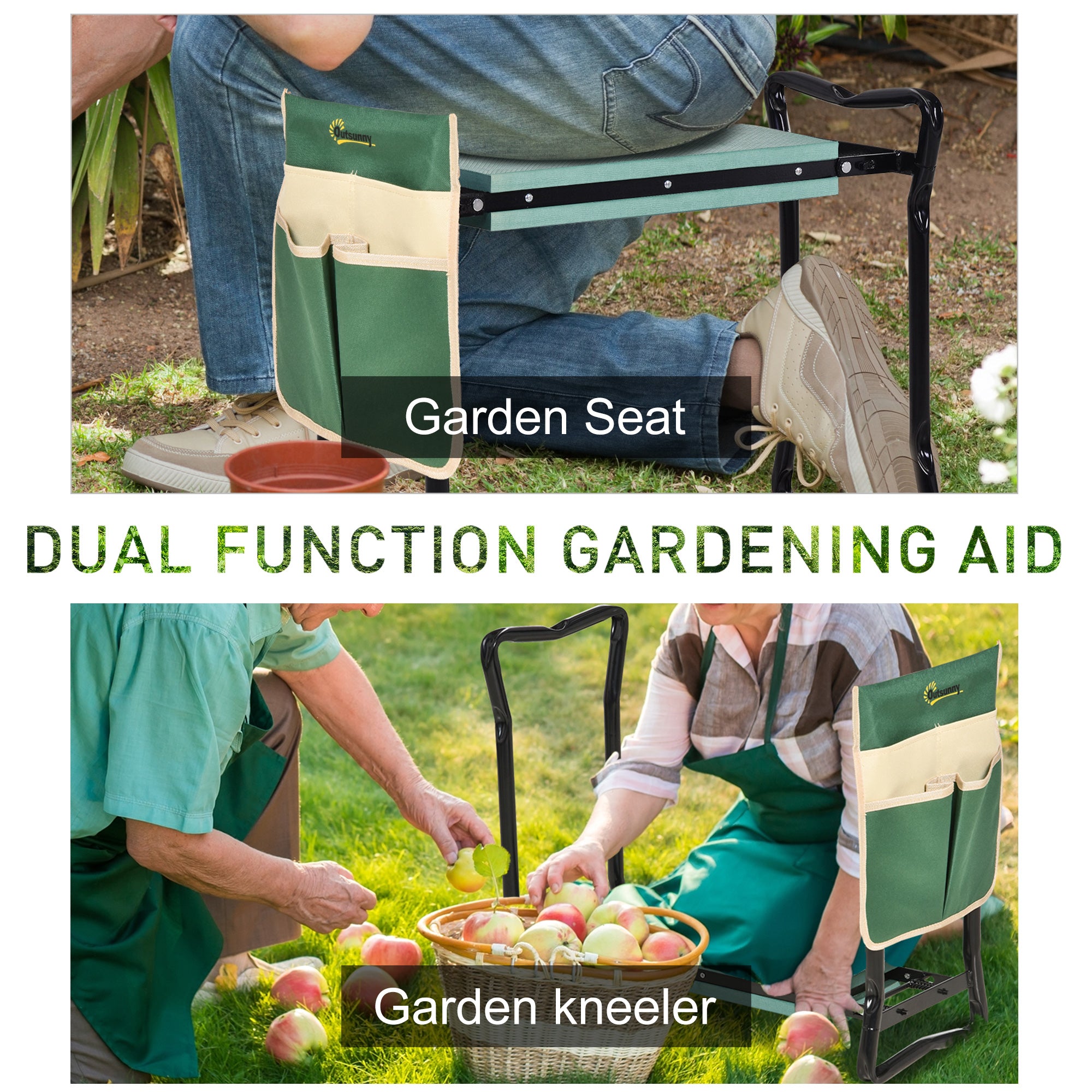 Outsunny Foldable Steel Frame Garden Kneeler Seat w/ Foam Bag Tool Bag Pouch Outdoor Garden Stable Sturdy Assistance Versatile Use - North Peak Garden Furniture