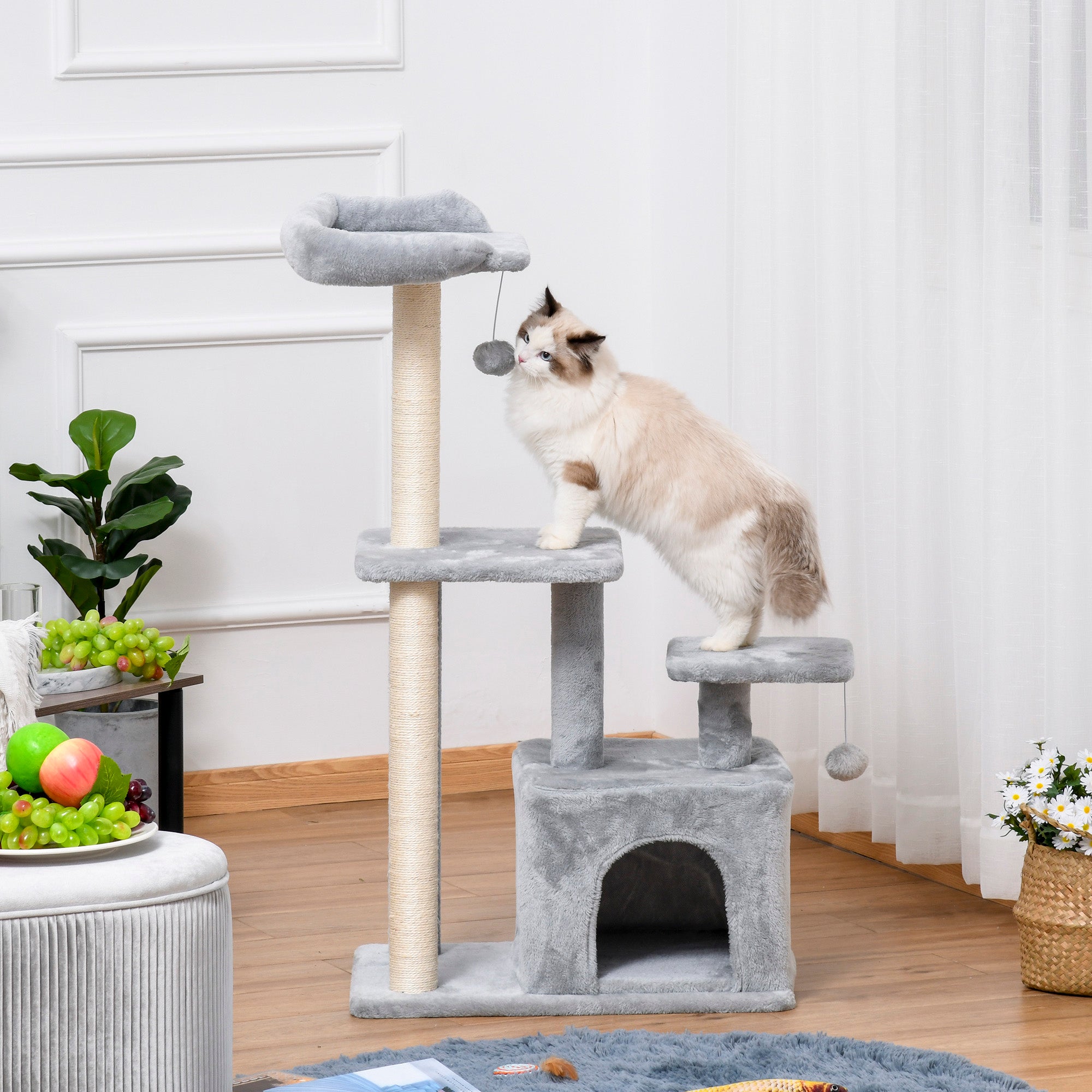 PawHut Feline Fun Tower: 114cm Tall Activity Centre with Scratching Posts, Perch, Dangling Ball & Condo, Light Grey