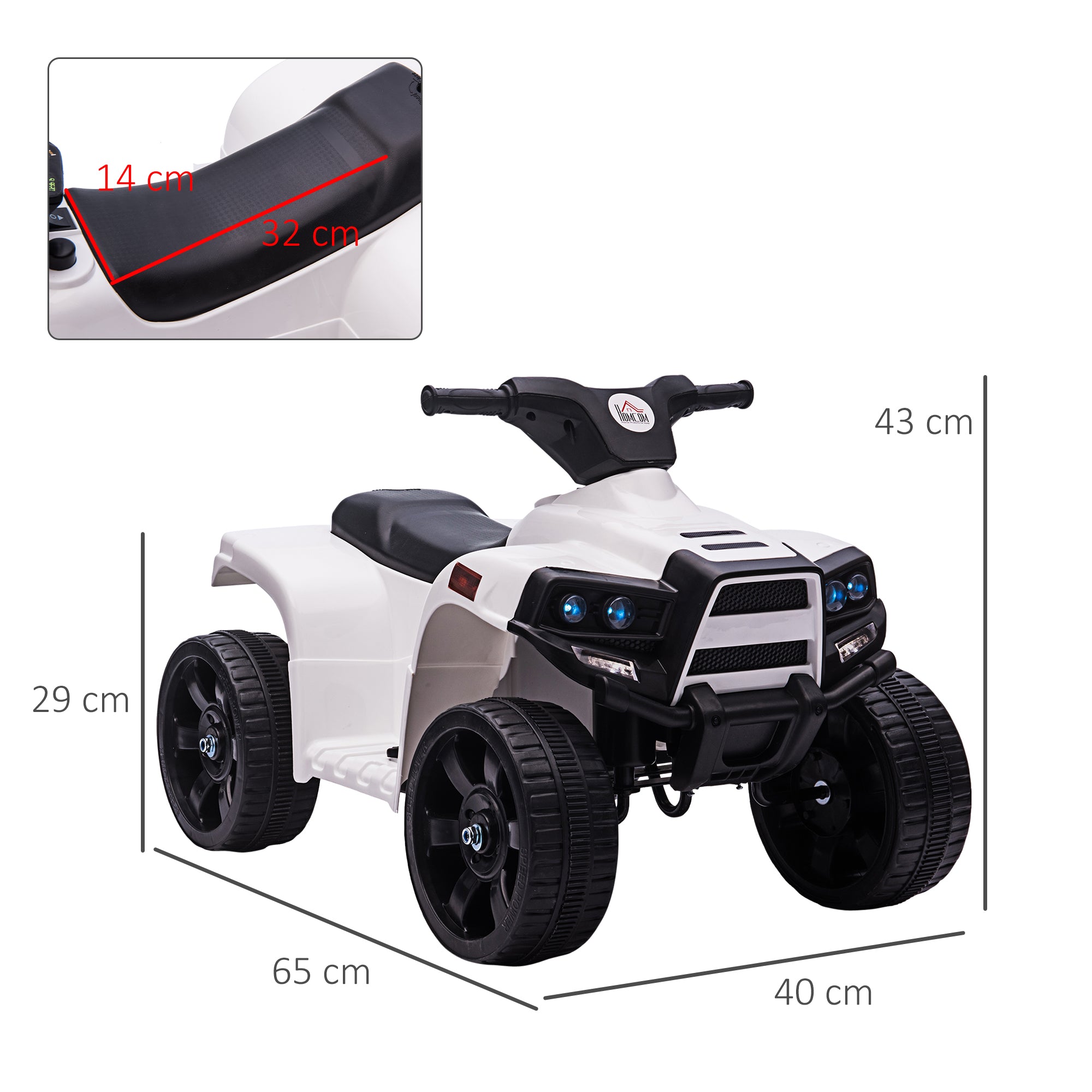 HOMCOM 6V Kids Electric Ride on Car, All Terrain Vehicle Toy, Quad Bike With Headlights, Horn, for Toddlers 18-36 Months White - North Peak Garden Furniture