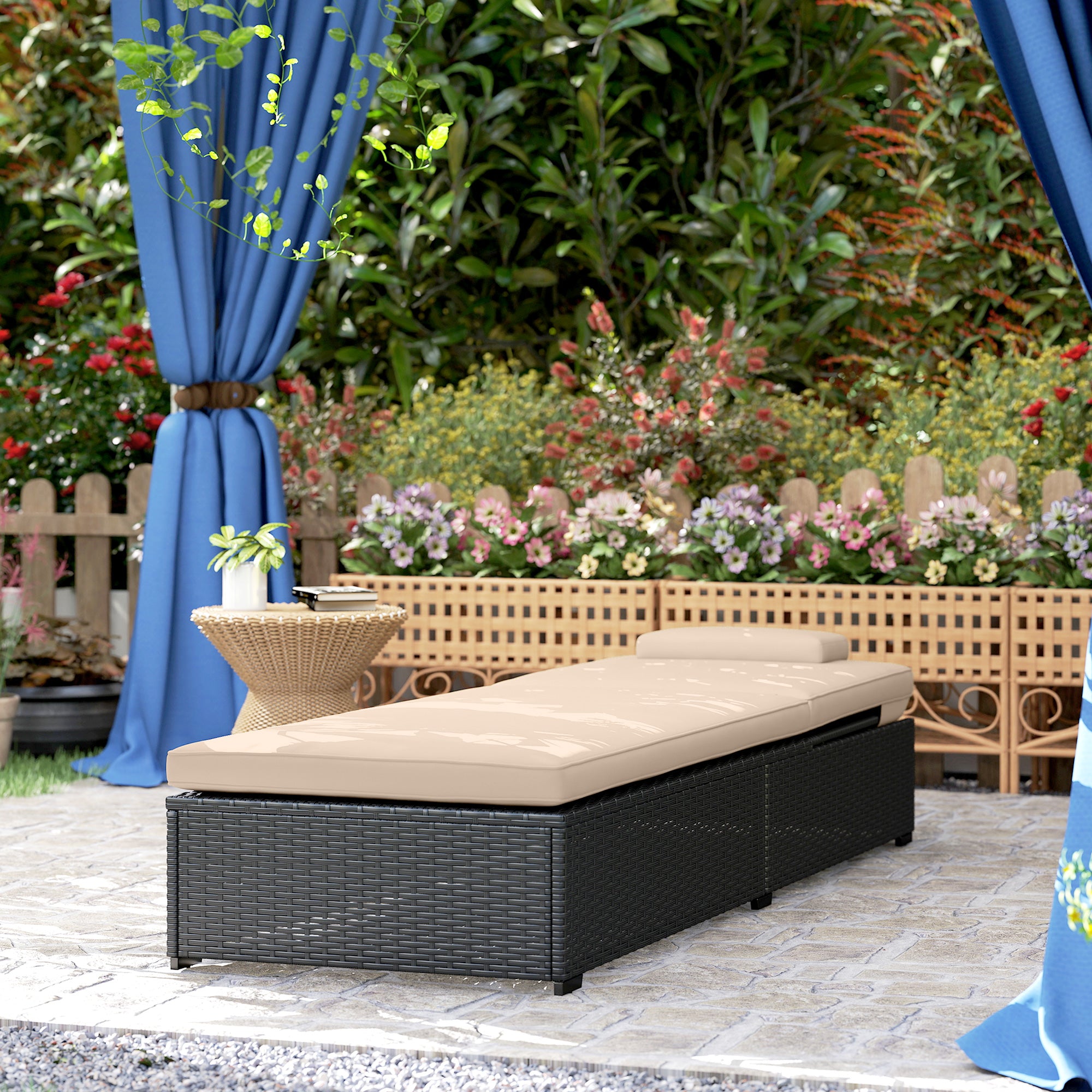 Outsunny Rattan Sun Lounger with 5-Level Reclining Back Side Tray and Cushion, Black