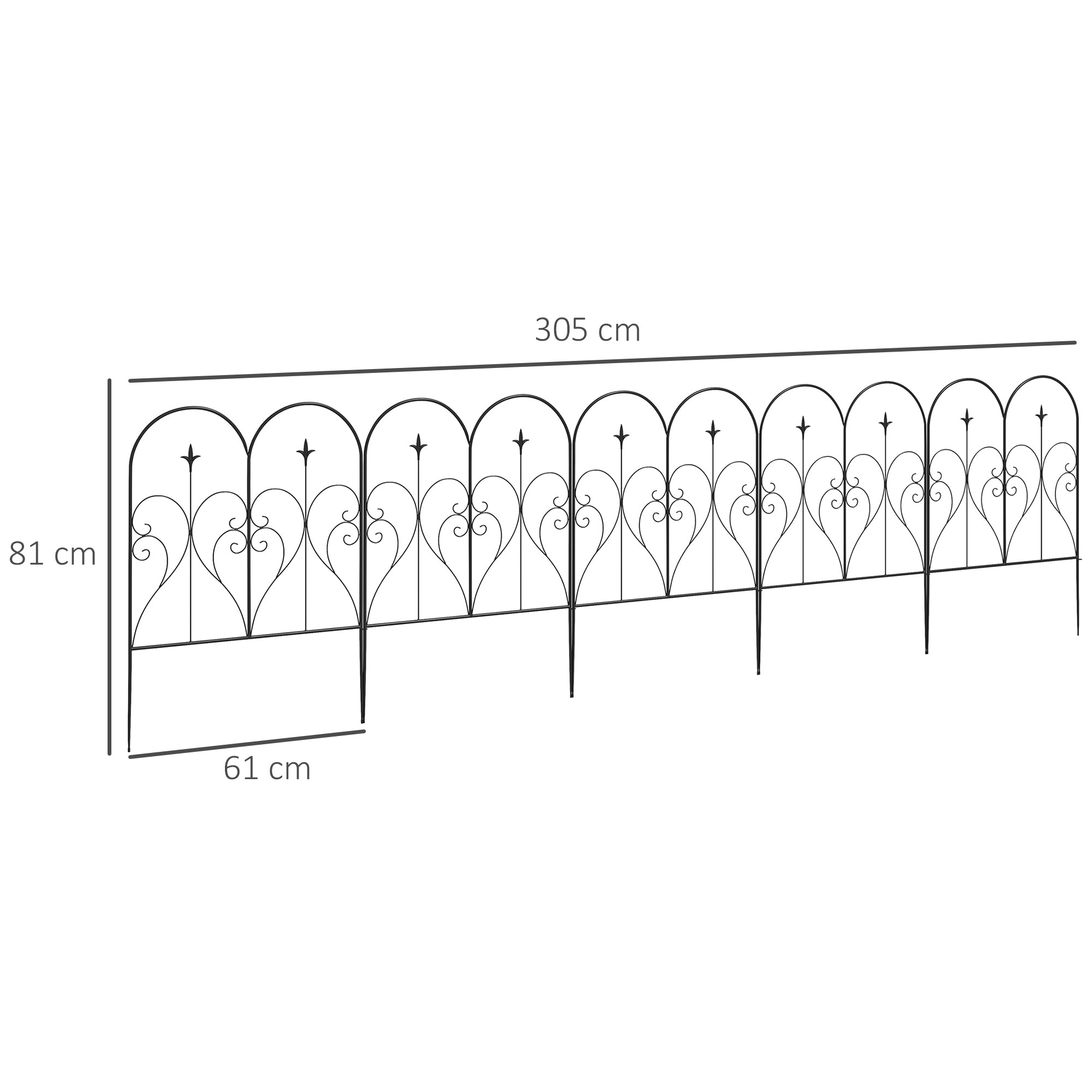 Outsunny Set of Five Decorative Heart Metal Fence Panels - Black