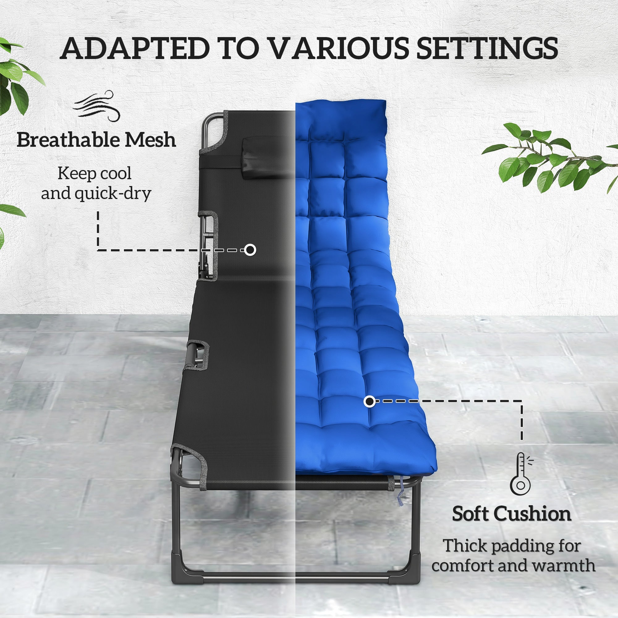Outsunny Folding Sun Lounger for Garden, 5-Position Oversized Camping Bed Recliner with Cushions, Blue