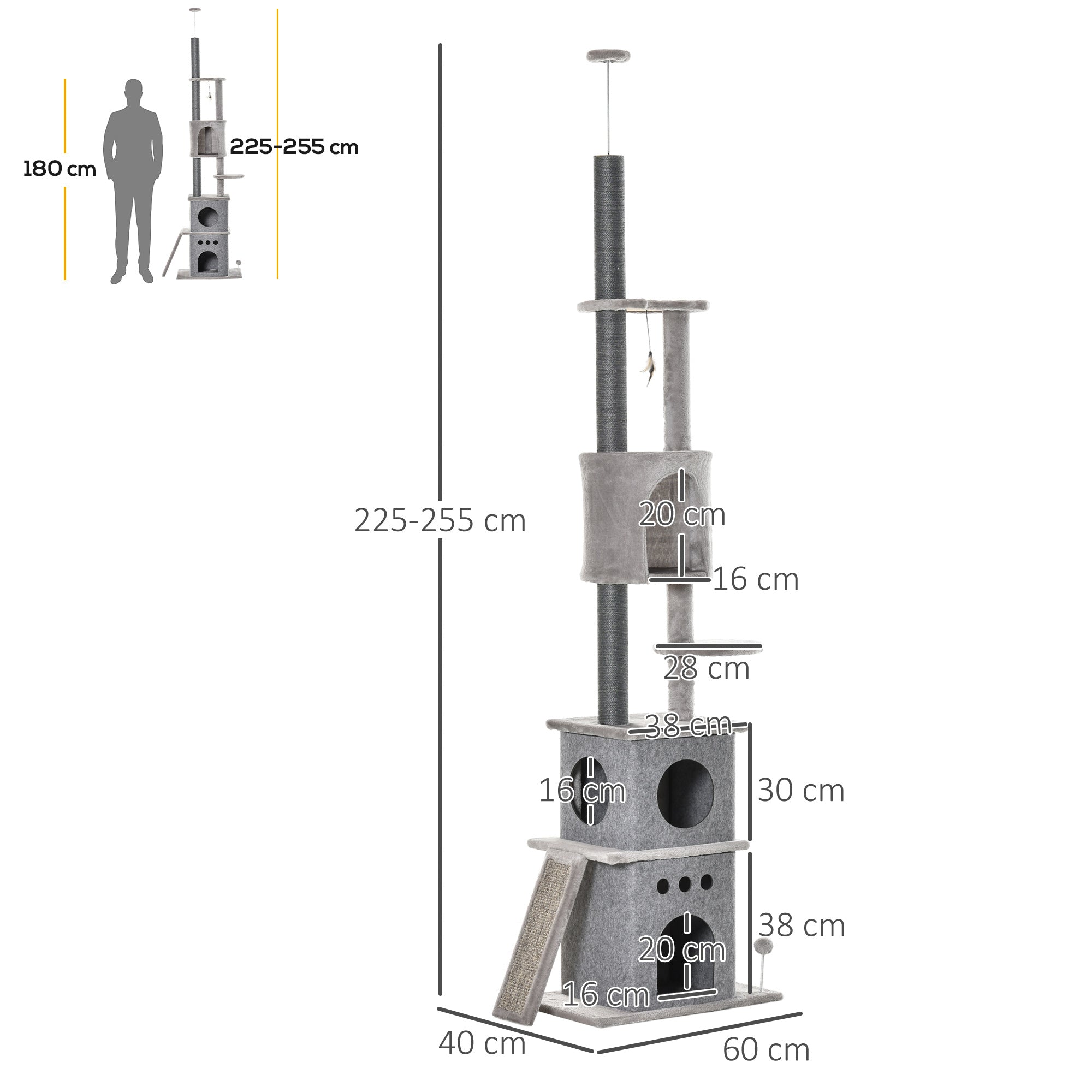 PawHut 255cm Floor To Ceiling Cat Tree for Indoor Cats Climber Scratching Post Adjustable Height Play Tower Removable Cover Grey - North Peak Garden Furniture