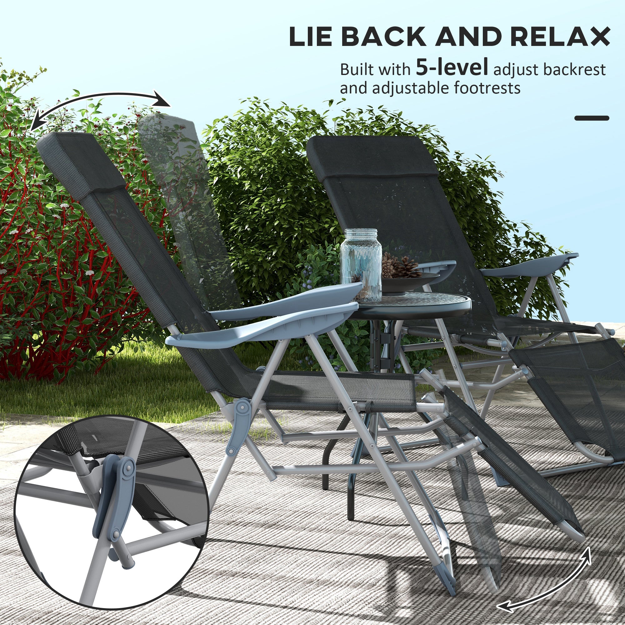 Outsunny Set of Two Sun Loungers, with Five-Position Adjustable Backs - Black