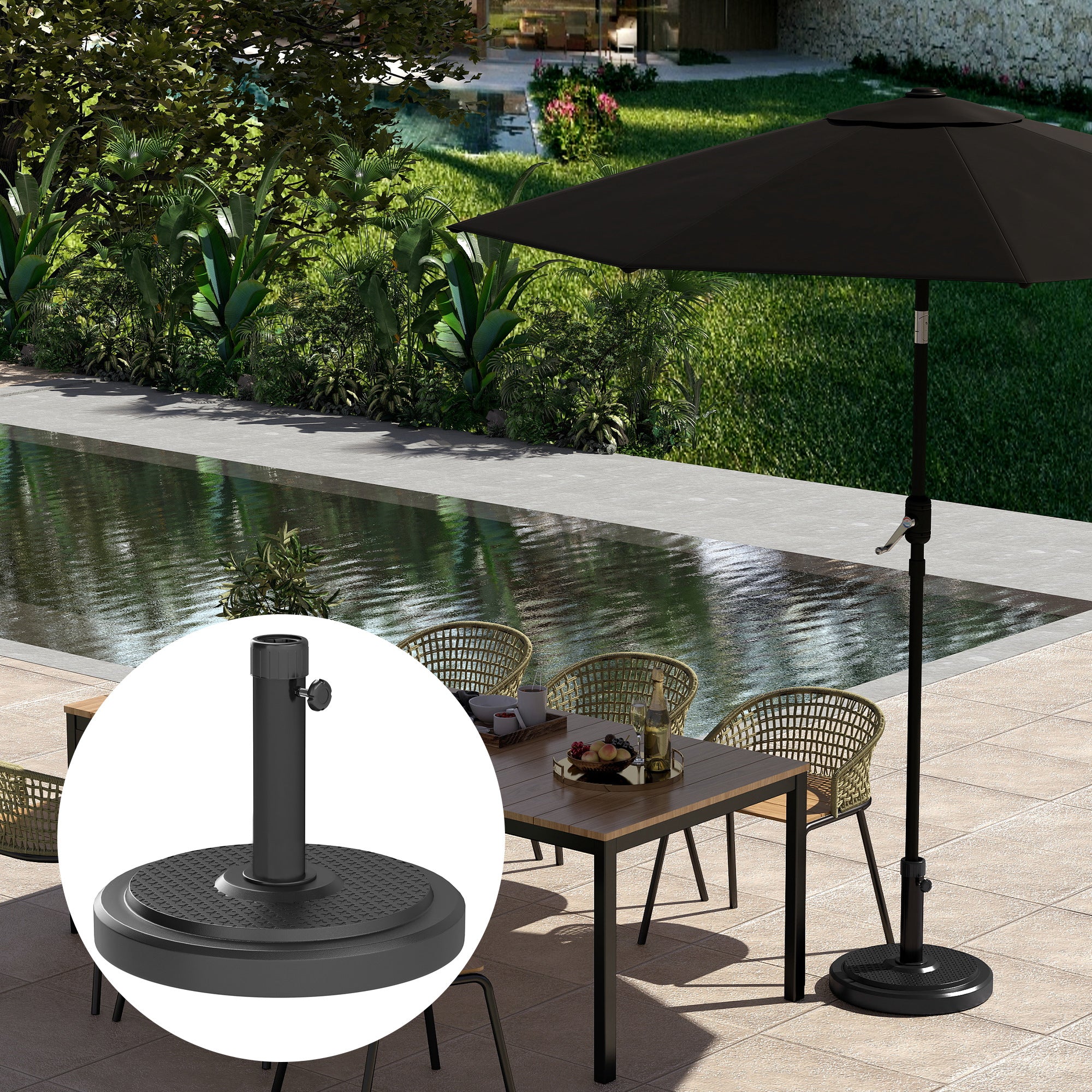 Outsunny 22kg Garden Parasol Base, Round HDPE Sun Umbrella Base, Heavy Duty Outdoor Umbrella Stand for 38mm or 48mm Outdoor Umbrella Poles, Black