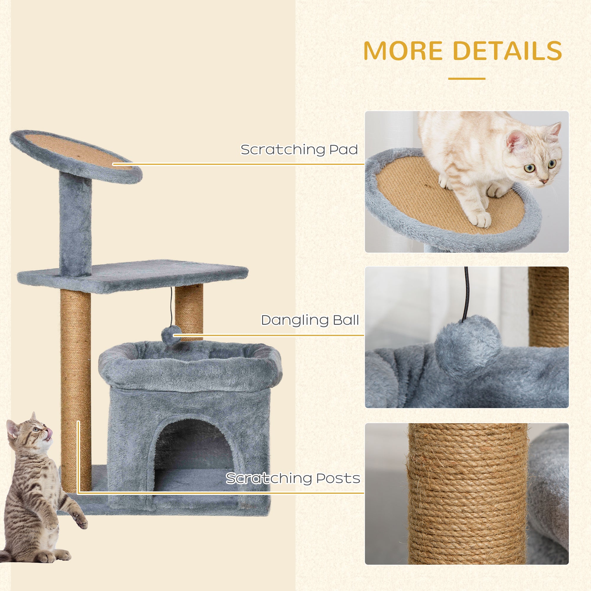 PawHut Cat Tree Tower for Indoor Cats, Cat Scratching Post with Bed, Cat House, Scratching Pad, Perch, Interactive Ball Toy 48 x 48 x 84cm, Grey