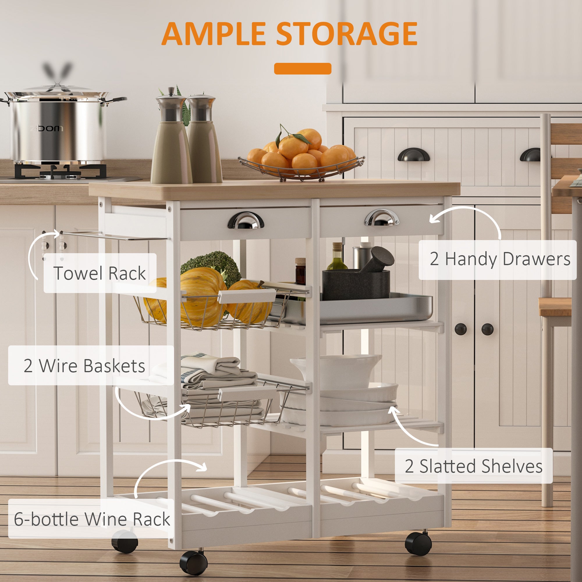 HOMCOM Rolling Kitchen Island Trolley Cart Drawer Shelves Basket Wheels W/ 6 Bottle Wine Rack White - North Peak Garden Furniture