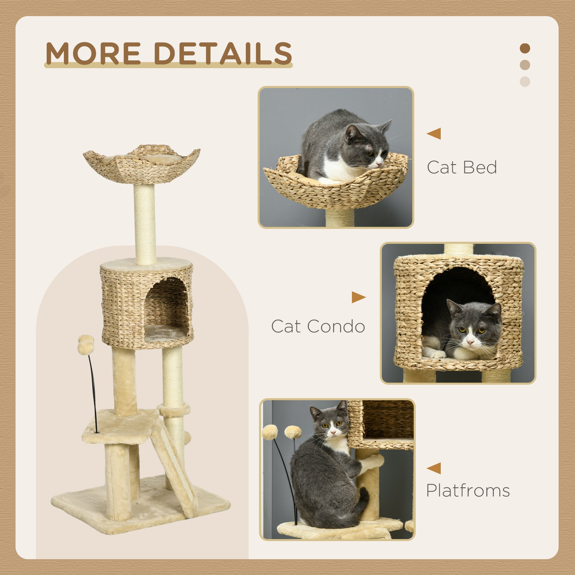 PawHut Cat Tree Tower with Scratching Post, Cat House, Bed, Toy Ball, Platform - Beige - North Peak Garden Furniture