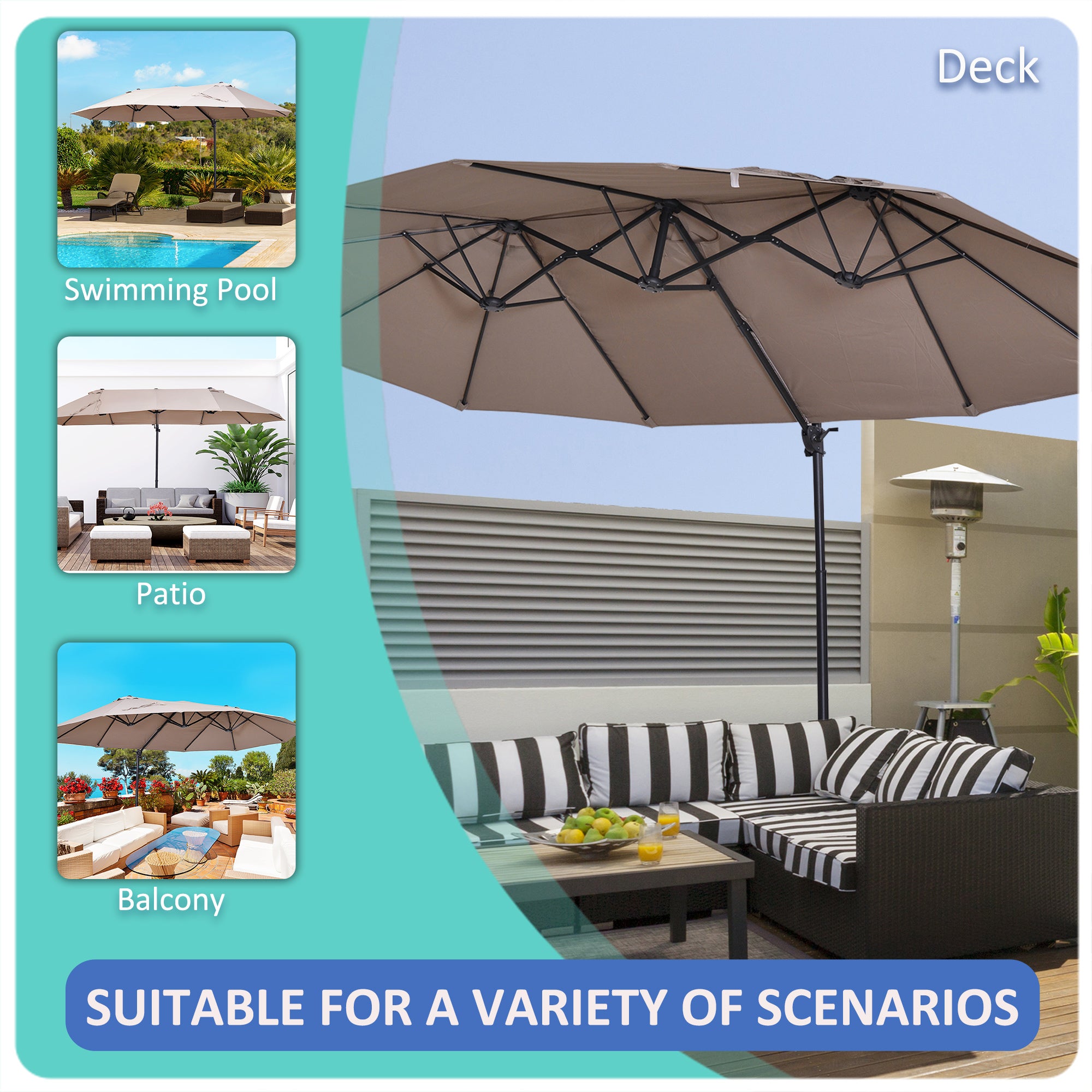 Outsunny Double Canopy Offset Parasol Umbrella Garden Shade with 12 Support Ribs Crank Handle Easy Lift Twin Canopy Brown