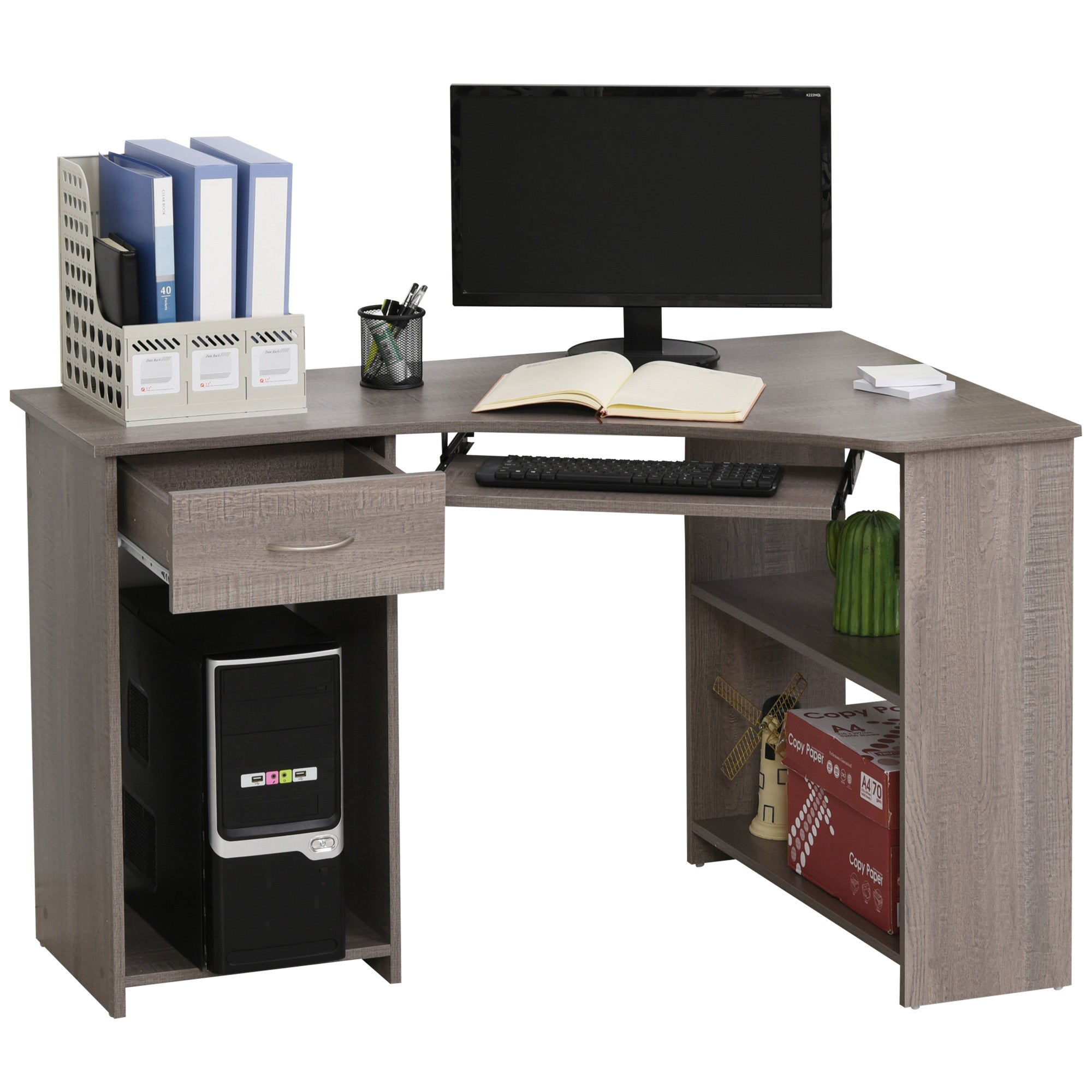 HOMCOM L-Shaped Corner Computer Desk w/ 2 Shelves Wide Worktop Keyboard Tray Drawer & CPU Stand Home Office Study Bedroom Furniture Grey - North Peak Garden Furniture
