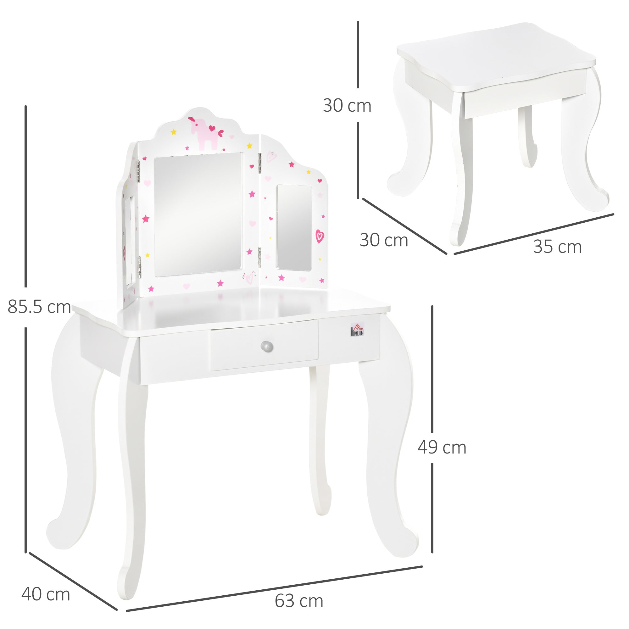 HOMCOM Kids Vanity Table & Stool Girls Dressing Set Make Up Desk Chair Dresser Play Set with Rotatable Mirrors Drawer Star & Heart Pattern White - North Peak Garden Furniture