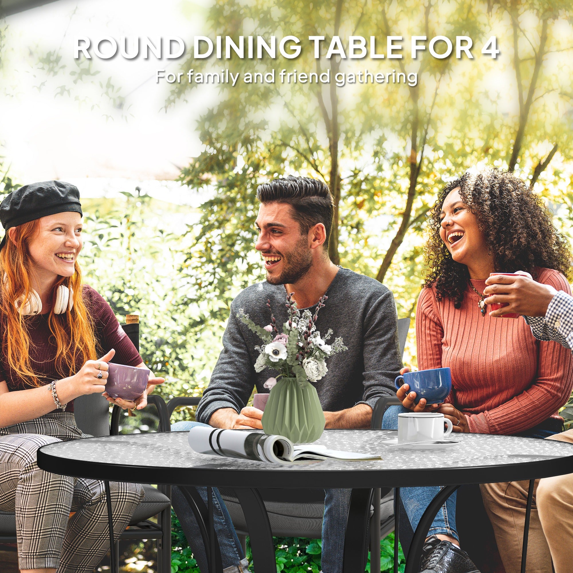 Outsunny Tempered Glass Top Round Outdoor Dining Table with Parasol Hole, 96.5 x 96.5 x 71 cm - North Peak Garden Furniture