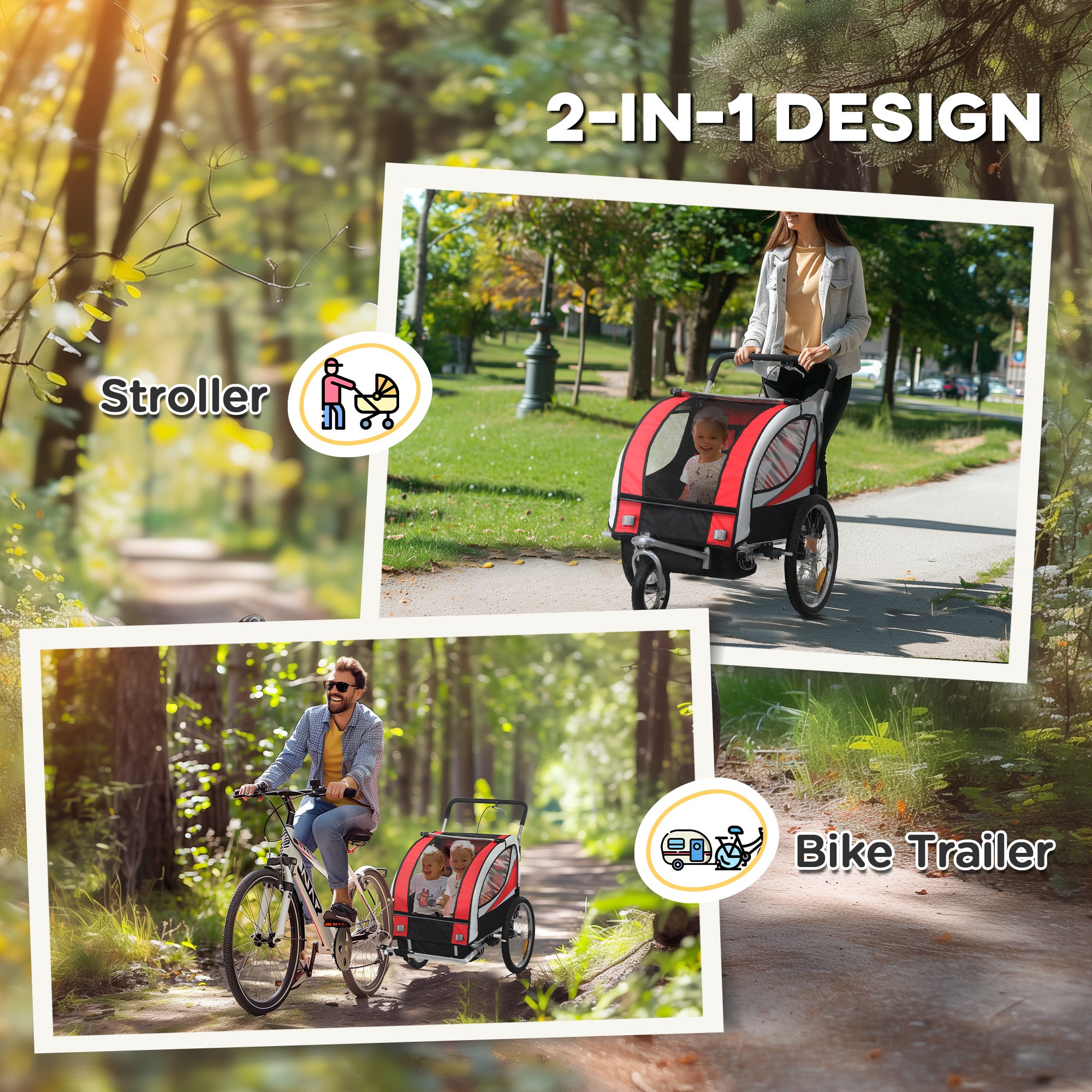 HOMCOM Baby Bike Trailer, Child Bicycle Trailer with 5 Point Harness, Steel Frame, Reflectors, Safety Flag, Hitch Coupler, Red - North Peak Garden Furniture