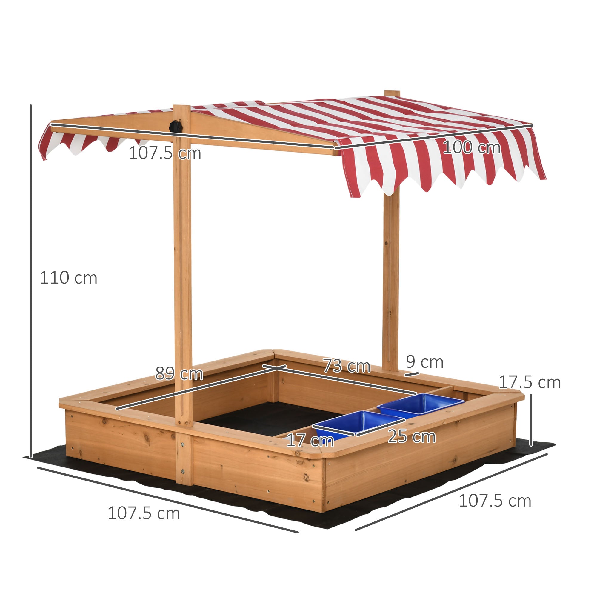 Outsunny Sand Pit Kids Wooden Sandbox with Cover Children Sandpit Play Station Height Adjustable with Canopy, Bottom Liner, Plastic Basins for Outdoor Aged 3-7 Years - North Peak Garden Furniture