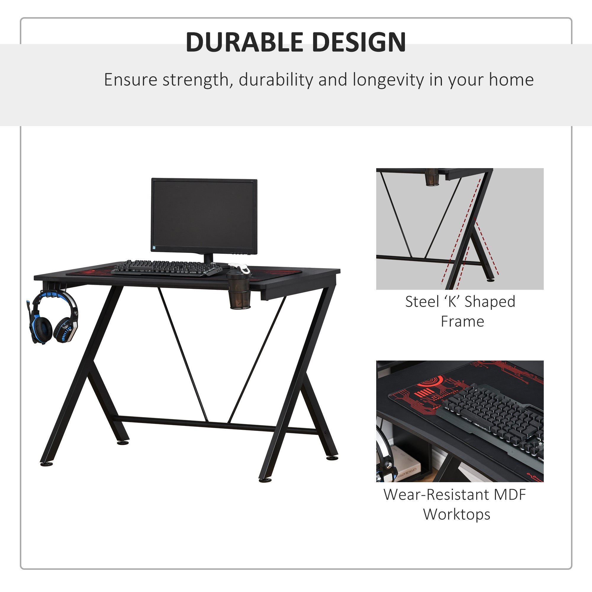 HOMCOM Gaming Desk, 108 x 66cm Computer Table Metal Frame with Cup Holder, Headphone Hook, Cable Hole, for Small Spaces, Black - North Peak Garden Furniture