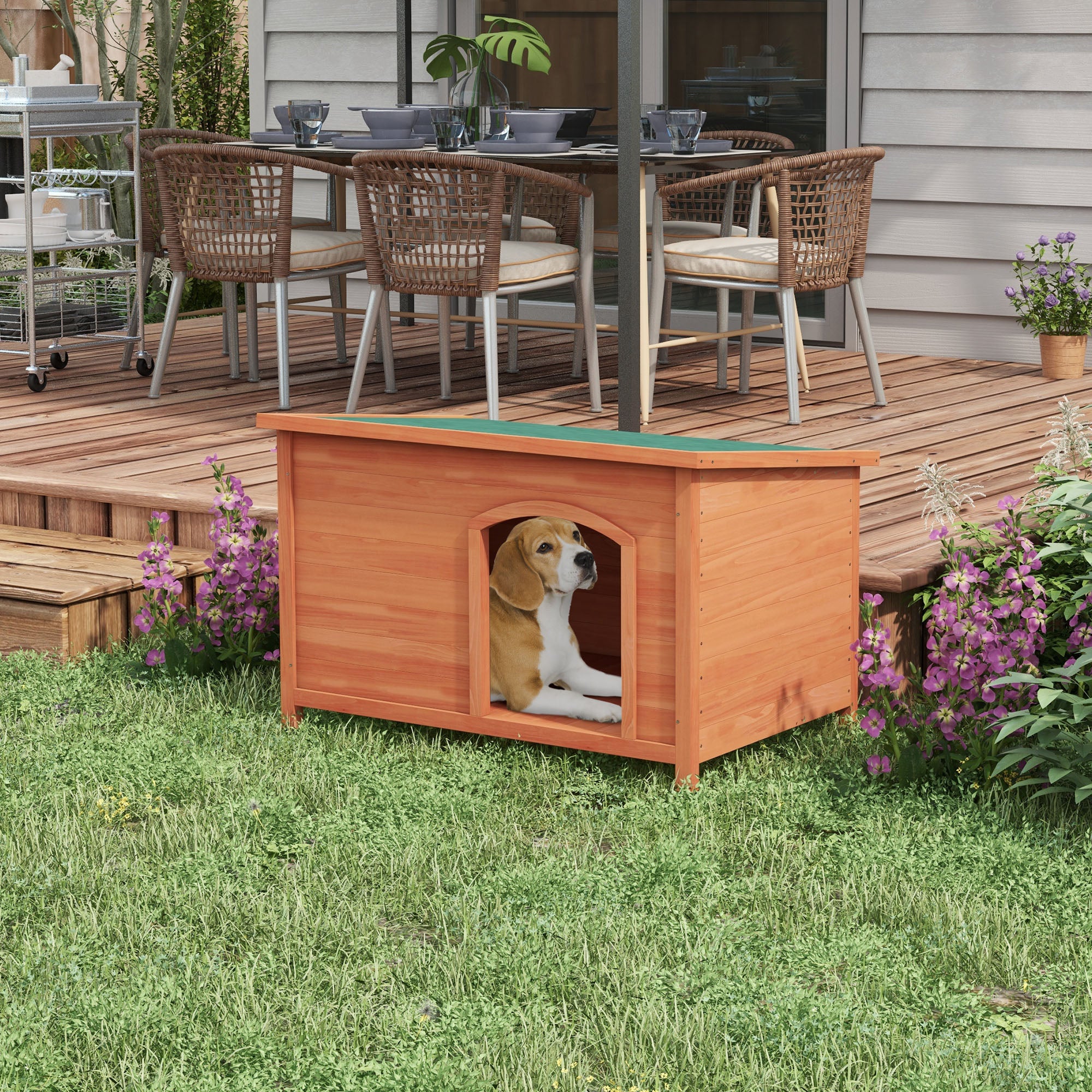 PawHut Wooden Dog Kennel, Outdoor Pet House, with Removable Floor, Openable Roof, Water-Resistant Paint - Natural Wood Tone - North Peak Garden Furniture