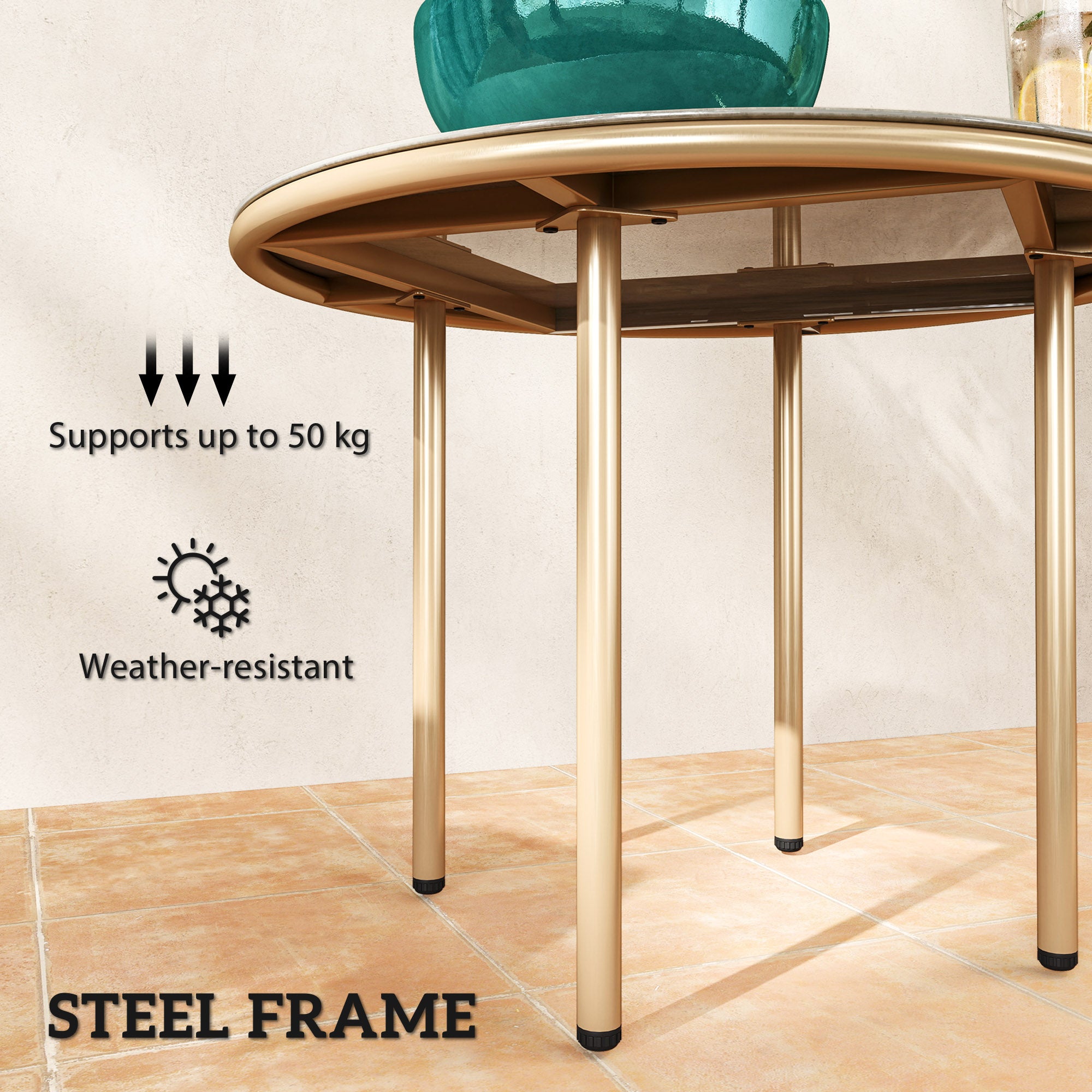 Outsunny Round Small Garden Table, 60cm Outdoor Side Table with Faux Marble Tempered Glass Top, Steel Frame for Garden Patio Balcony, Beige - North Peak Garden Furniture