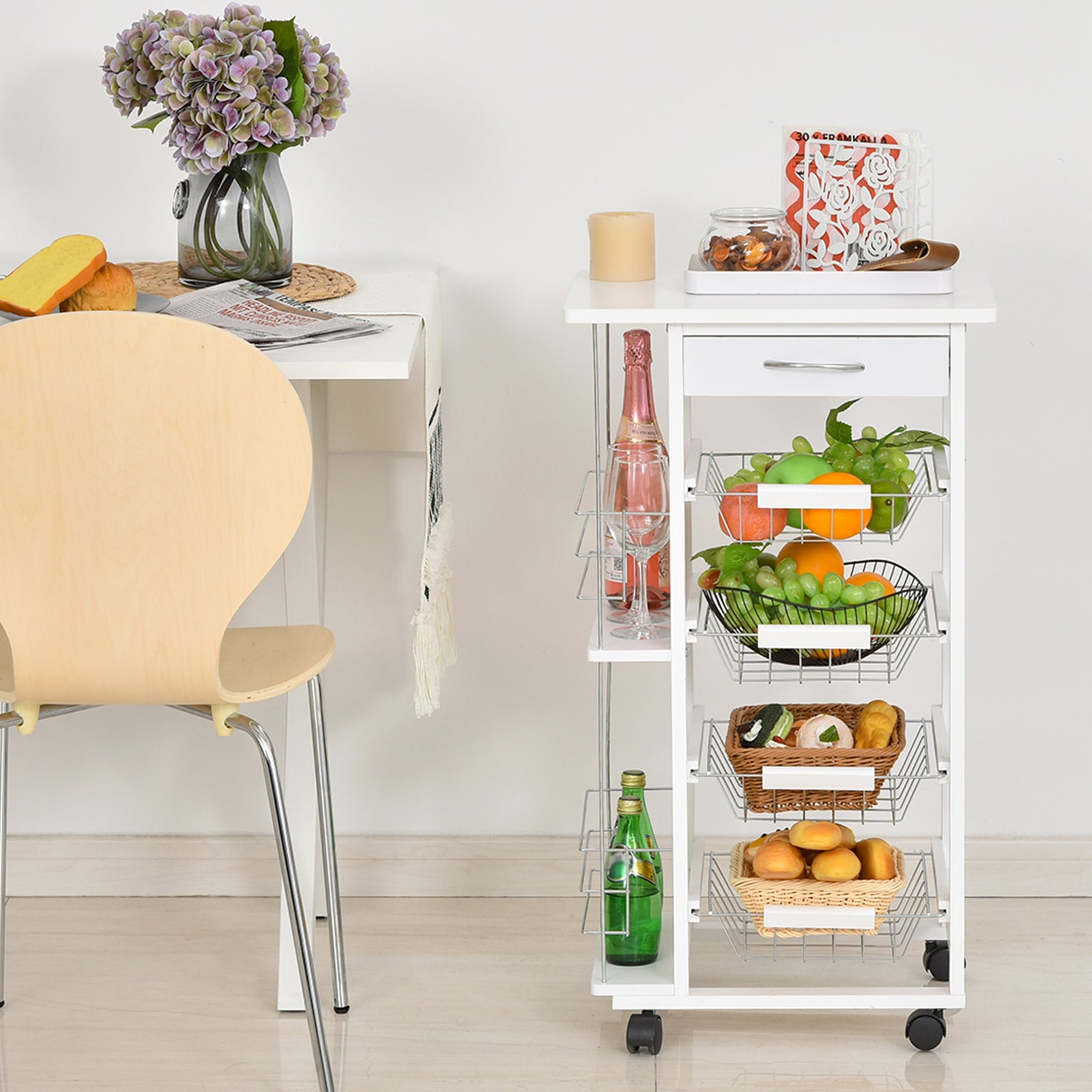 HOMCOM Rolling Kitchen Cart, Utility Storage Cart with 4 Basket Drawers & Side Racks, Wheels for Dining Room, White - North Peak Garden Furniture
