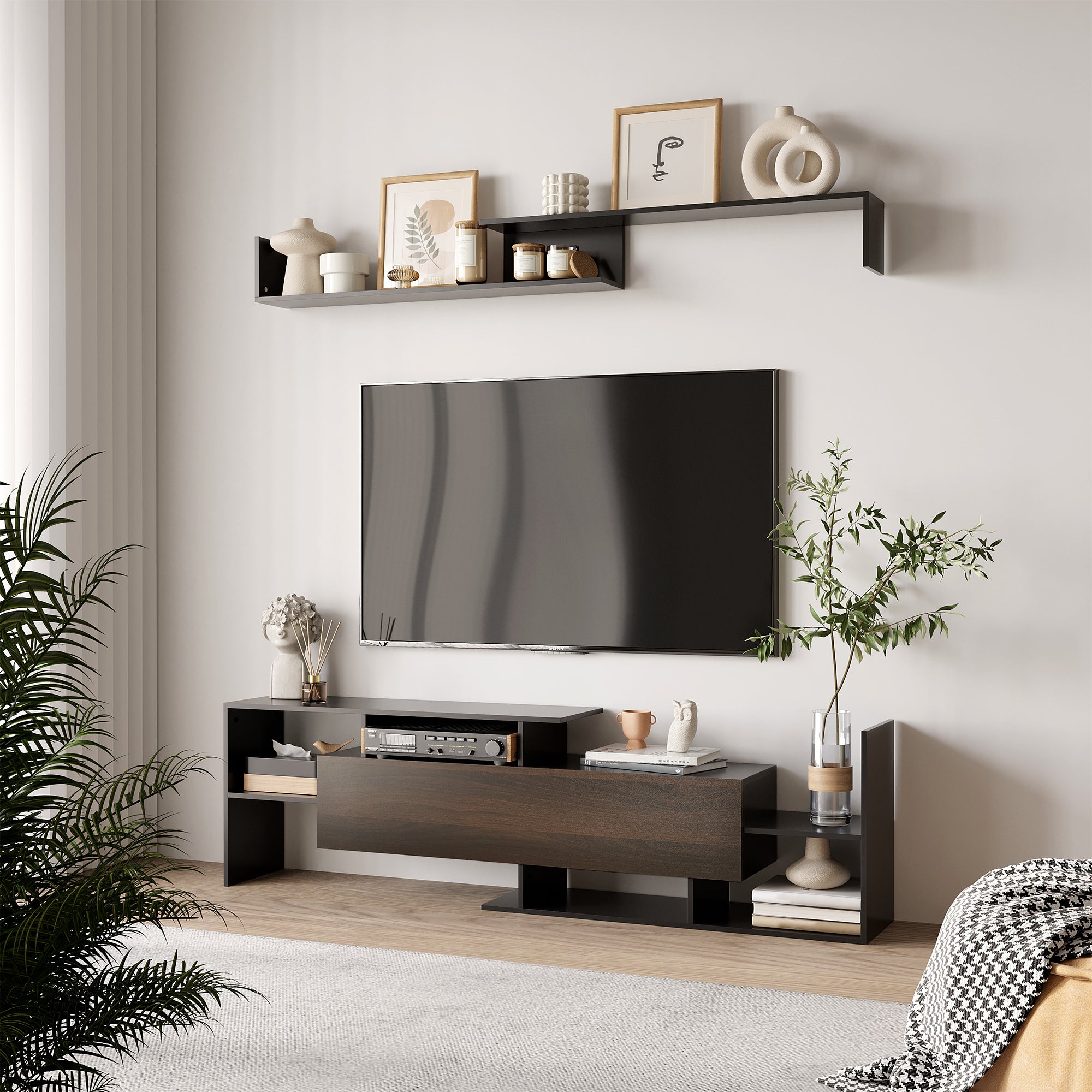 HOMCOM Modern TV Cabinet with Wall Shelf, TV Unit with Storage Shelf and Cabinet, for Wall-Mounted 65" TVs or Standing 40" TVs, Black and Dark Brown