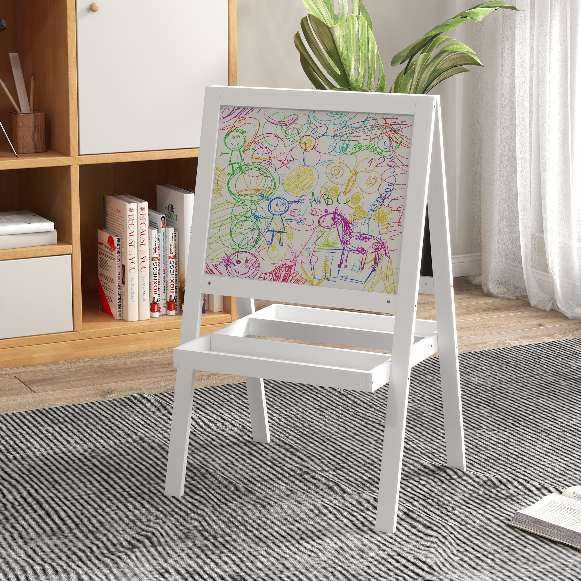 AIYAPLAY Kids Easel, Art Easel with Double Sided Whiteboard, Chalkboard, Storage, 2 in 1 Standing Easel for Toddlers 18-48 Months, White - North Peak Garden Furniture