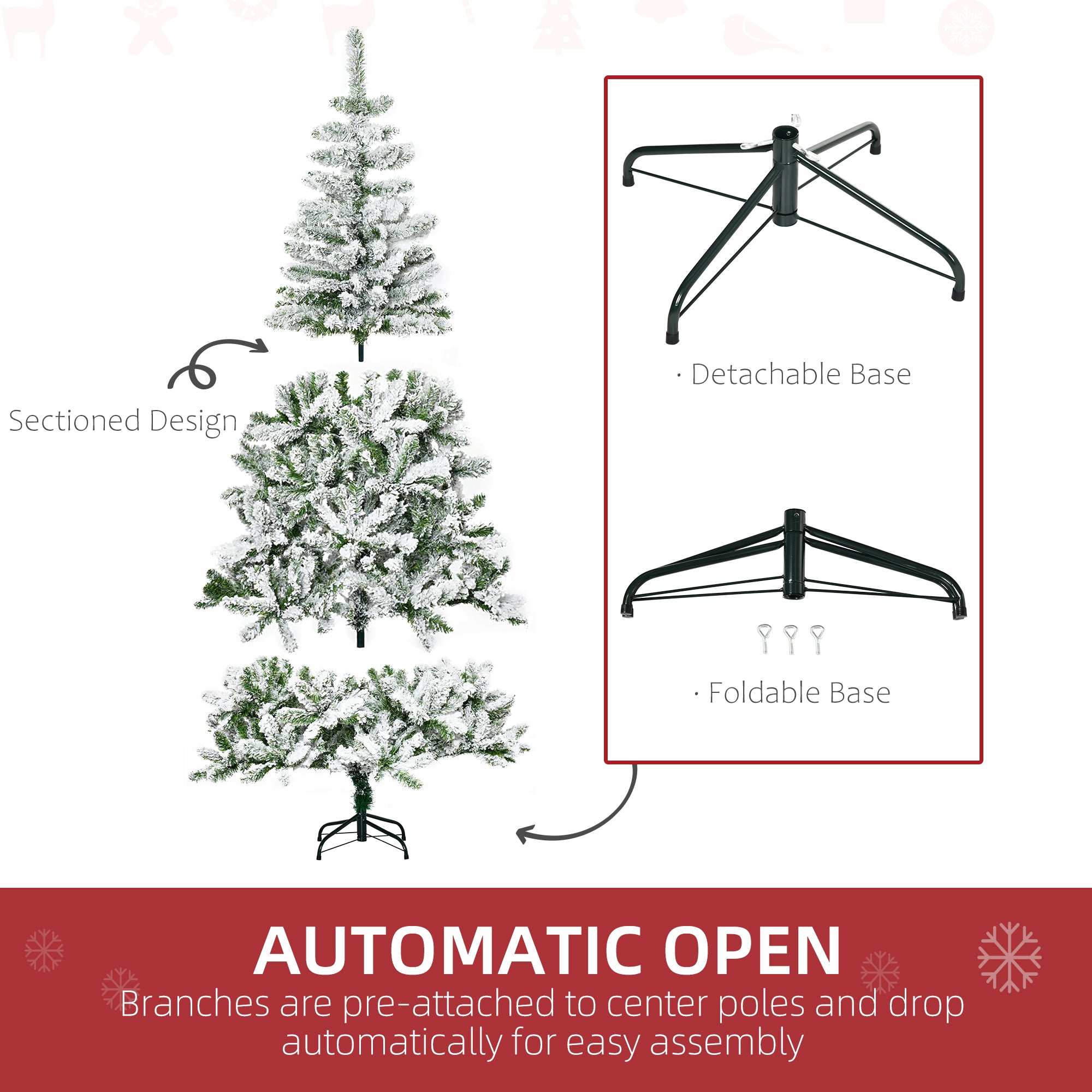 HOMCOM 6 Ft Snow Flocked Artificial Christmas Tree Xmas Pine Tree with Realistic Branches, Auto Open and Steel Base, Green - North Peak Garden Furniture