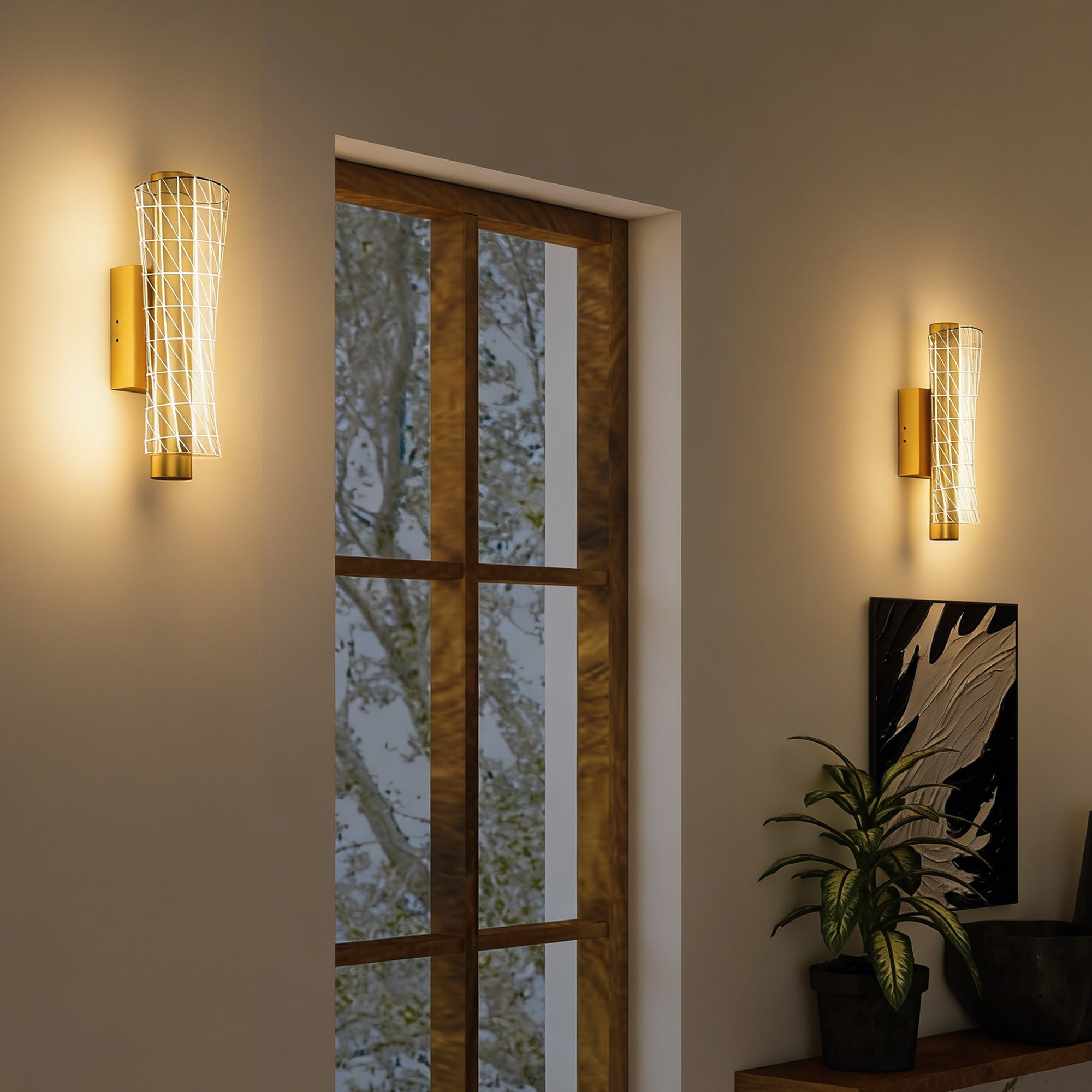 HOMCOM Led Wall Lamp 2 Pack, 9W Modern Indoor Geometric Mesh Wall Light, Colour Temperature Adjustable 3000K/4000K/6500K for Bedroom, Living Room, Hallway, Stairs, Gold Tone