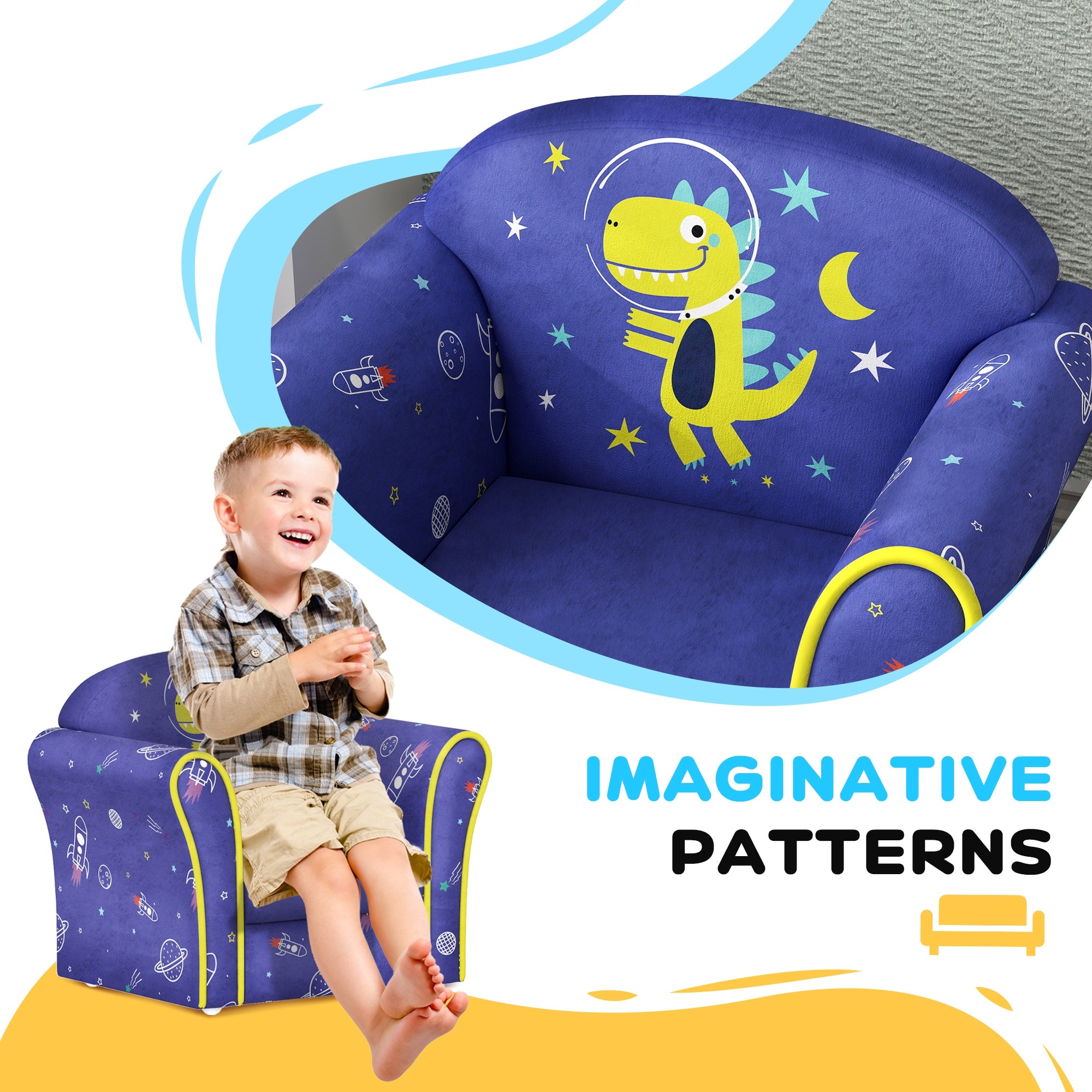 AIYAPLAY Kids Armchair with Planet Dinosaurs Design, Wooden Frame, for Bedroom, Playroom, Kids Room, Blue - North Peak Garden Furniture