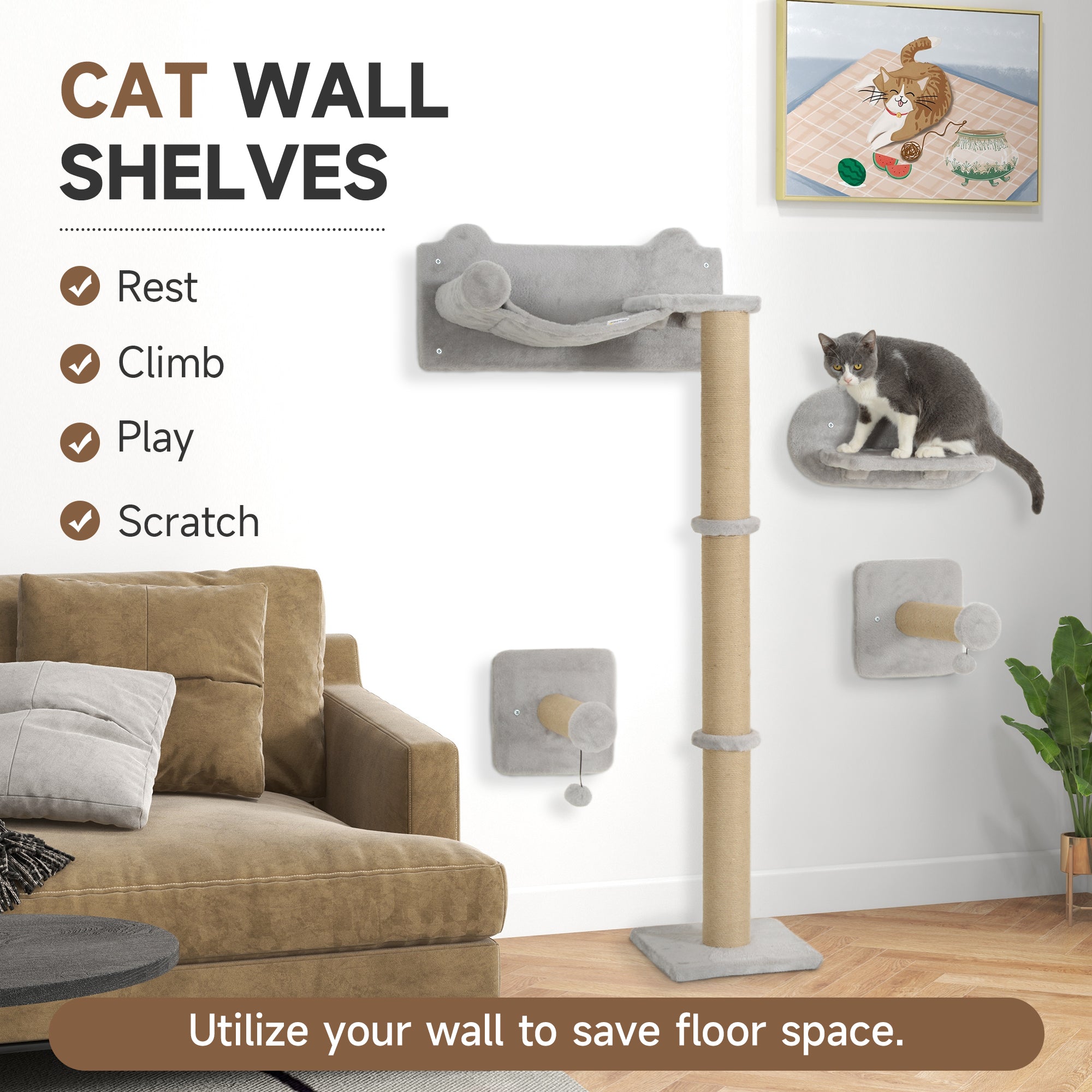 PawHut 4-Piece Cat Shelves w/ Scratching Post, Steps, Jumping Platform, Ladder, Toy Balls, for Indoor Cats, Light Grey