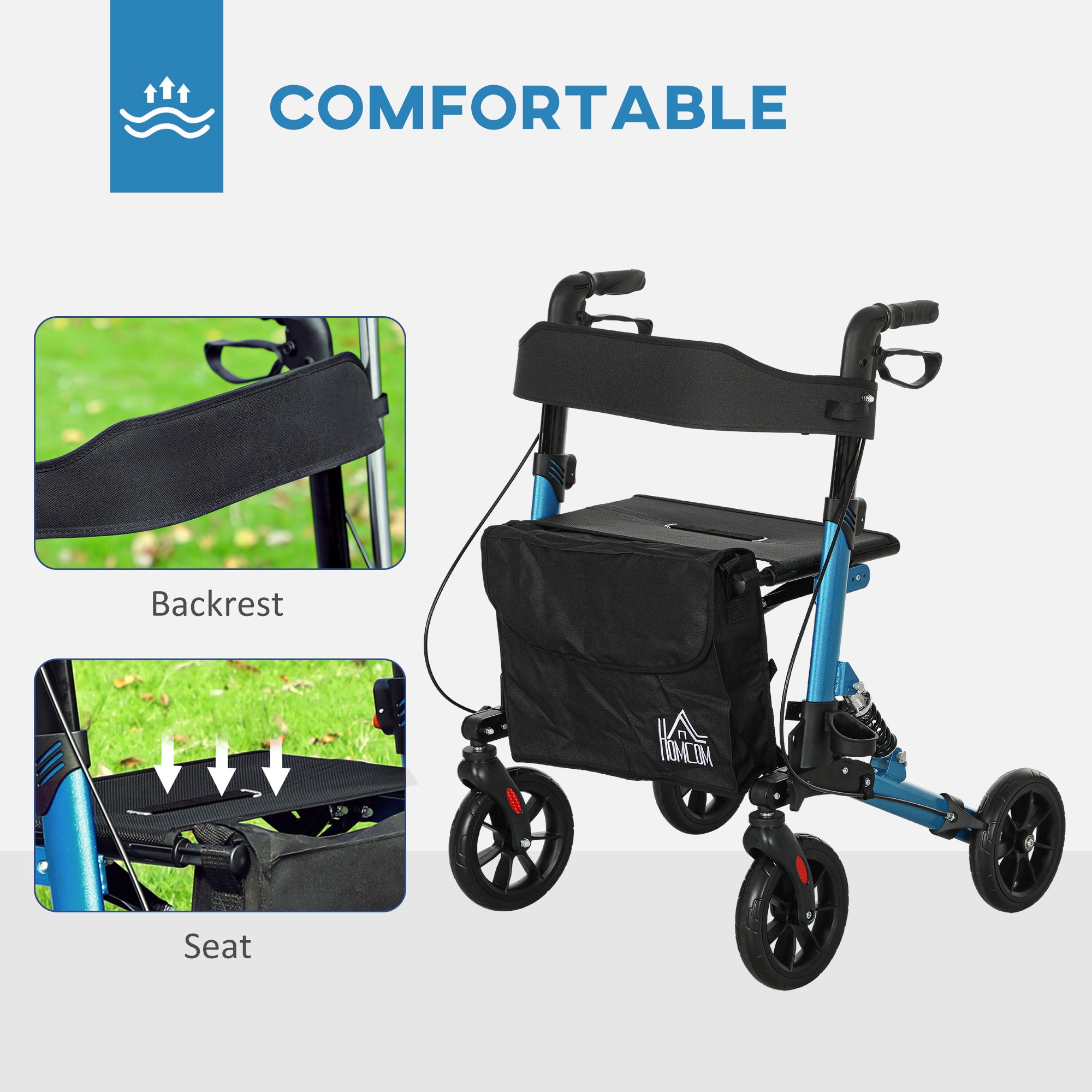 HOMCOM Folding Rollator Walker with Seat, Backrest, Lightweight Walking Frame with Storage Bag, Dual Brakes, Adjustable Handle Height, Suspension System, 4 Wheeled Walker for Seniors, Blue