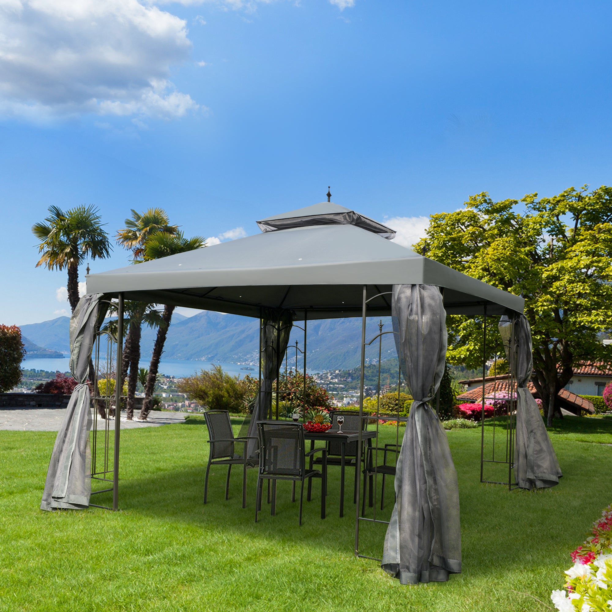 Outsunny 3(M)x3(M) Garden Gazebo Double Top Outdoor Canopy Patio Event Party Wedding Tent Backyard Sun Shade with Netting - Grey - North Peak Garden Furniture