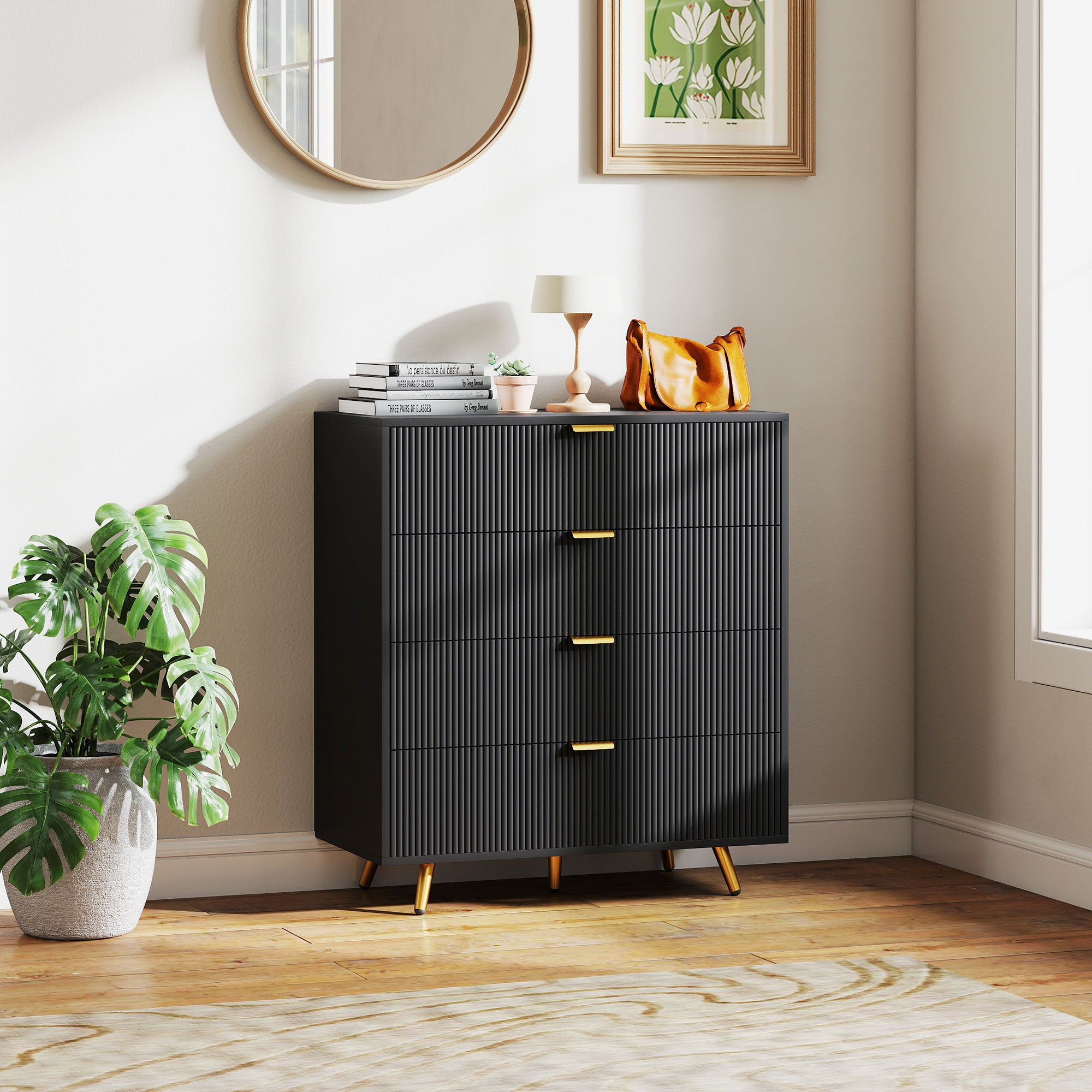 HOMCOM Bedroom Chest of Drawers with 4 Drawers, Fluted Dresser with Gold Tone Handles, Storage Cabinet for Bedroom, Living Room, Hallway, Entryway, Black