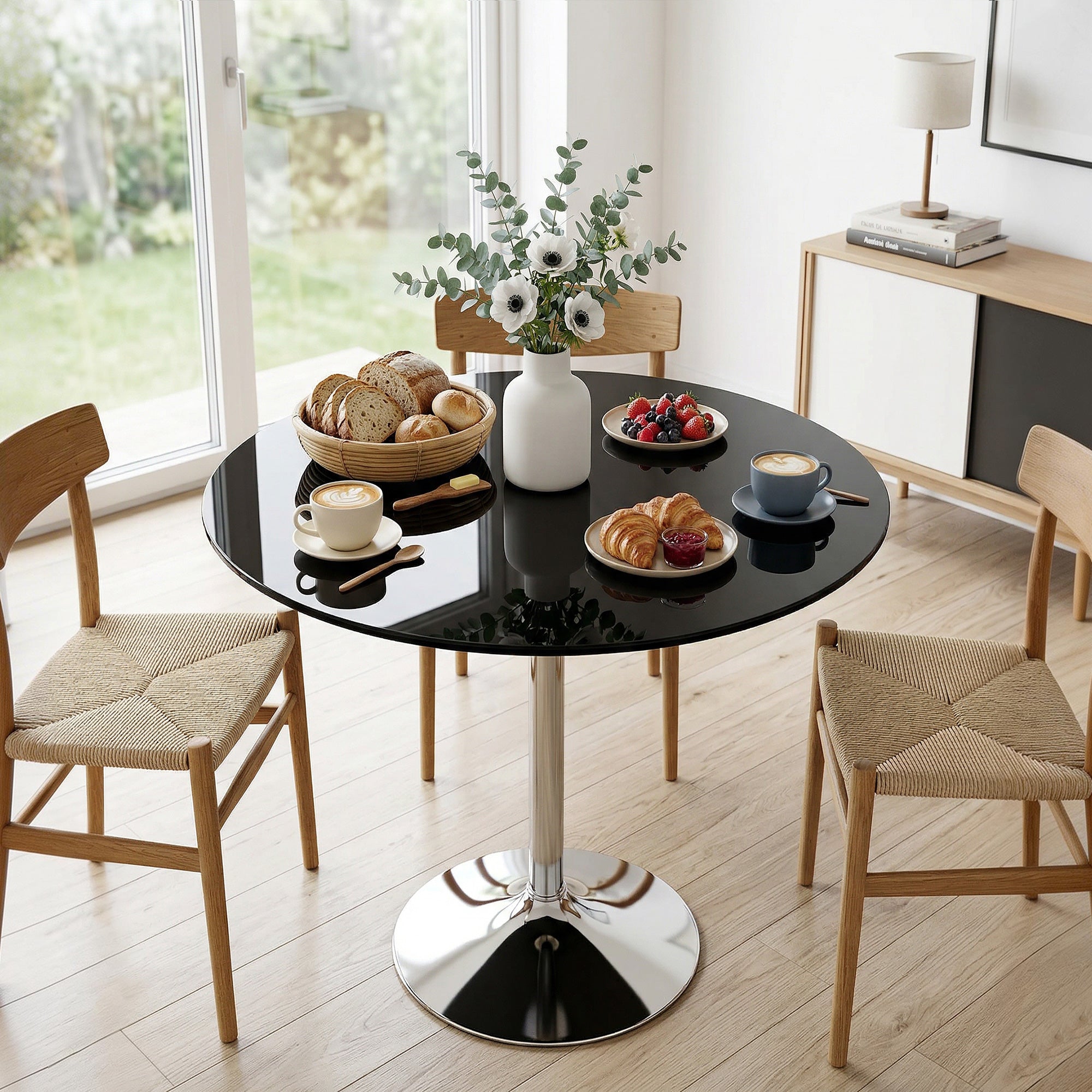 HOMCOM Round Bar Table, Modern Dining Table with Tempered Glass Top and Steel Frame for 4, 80 x 80 x 77cm, Black