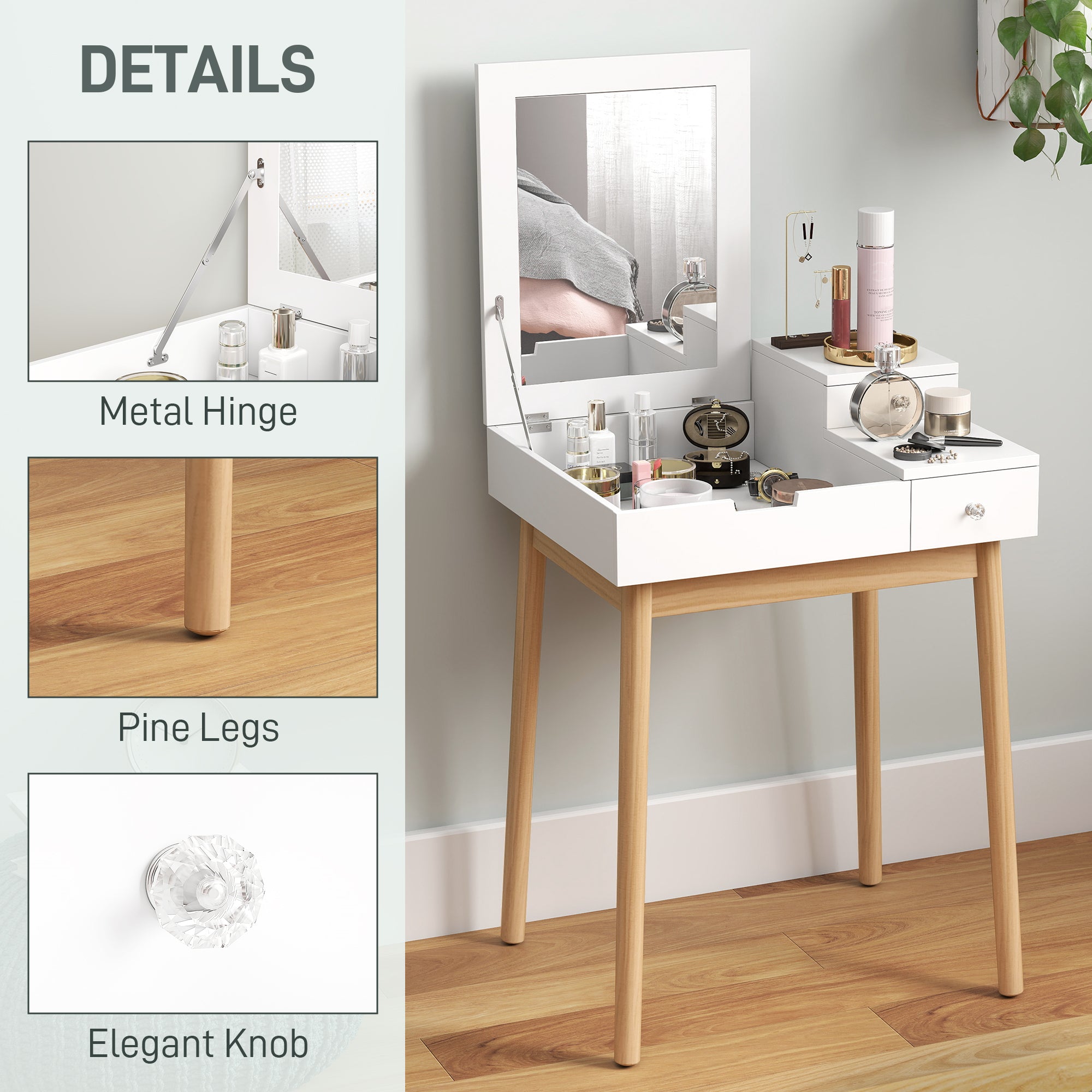 HOMCOM MDF,Pine Dressing Table Desk Flip-up Mirror Multi-purpose 2 Drawers Modern - White