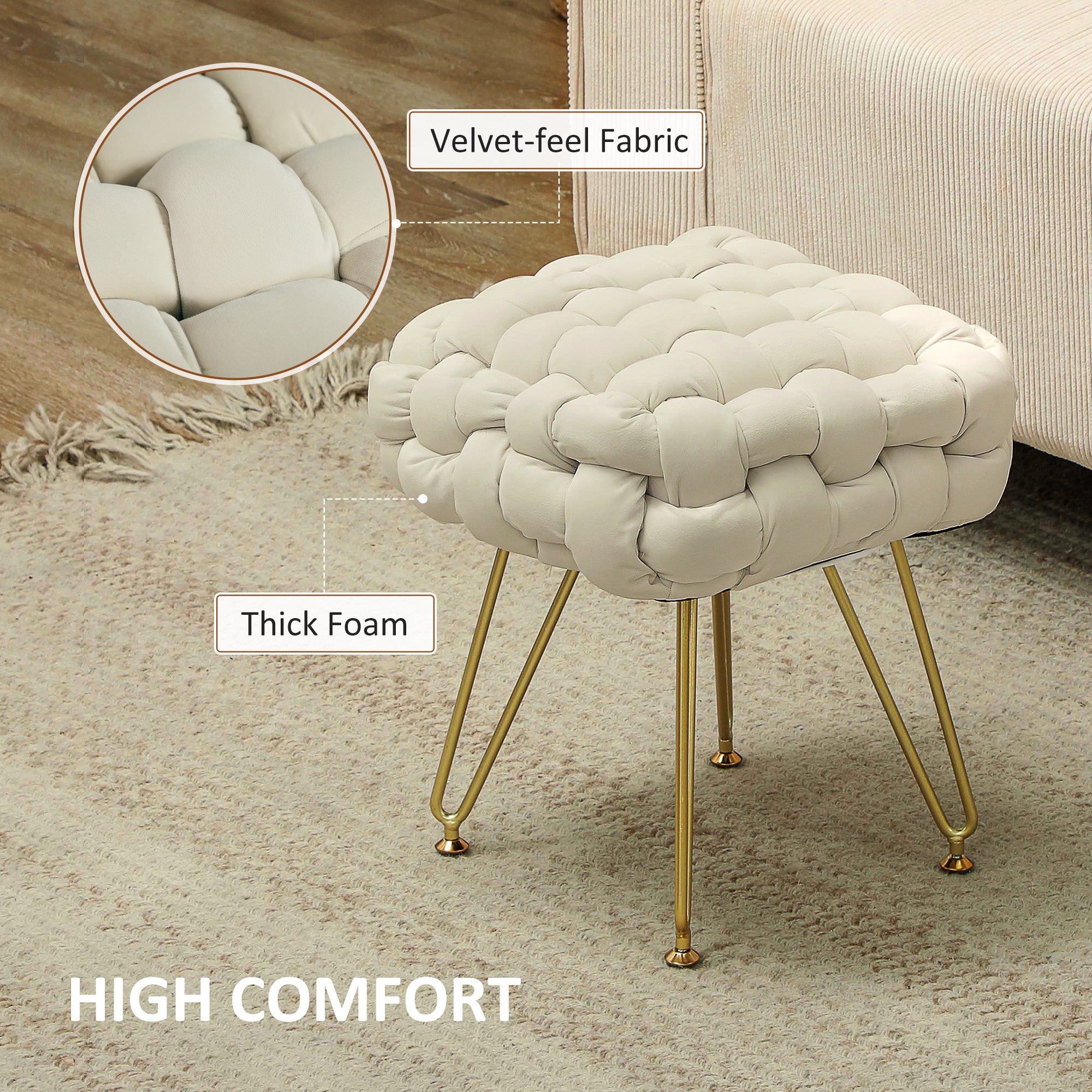 HOMCOM Velvet-Feel Bold Woven Footstool - Cream White - North Peak Garden Furniture