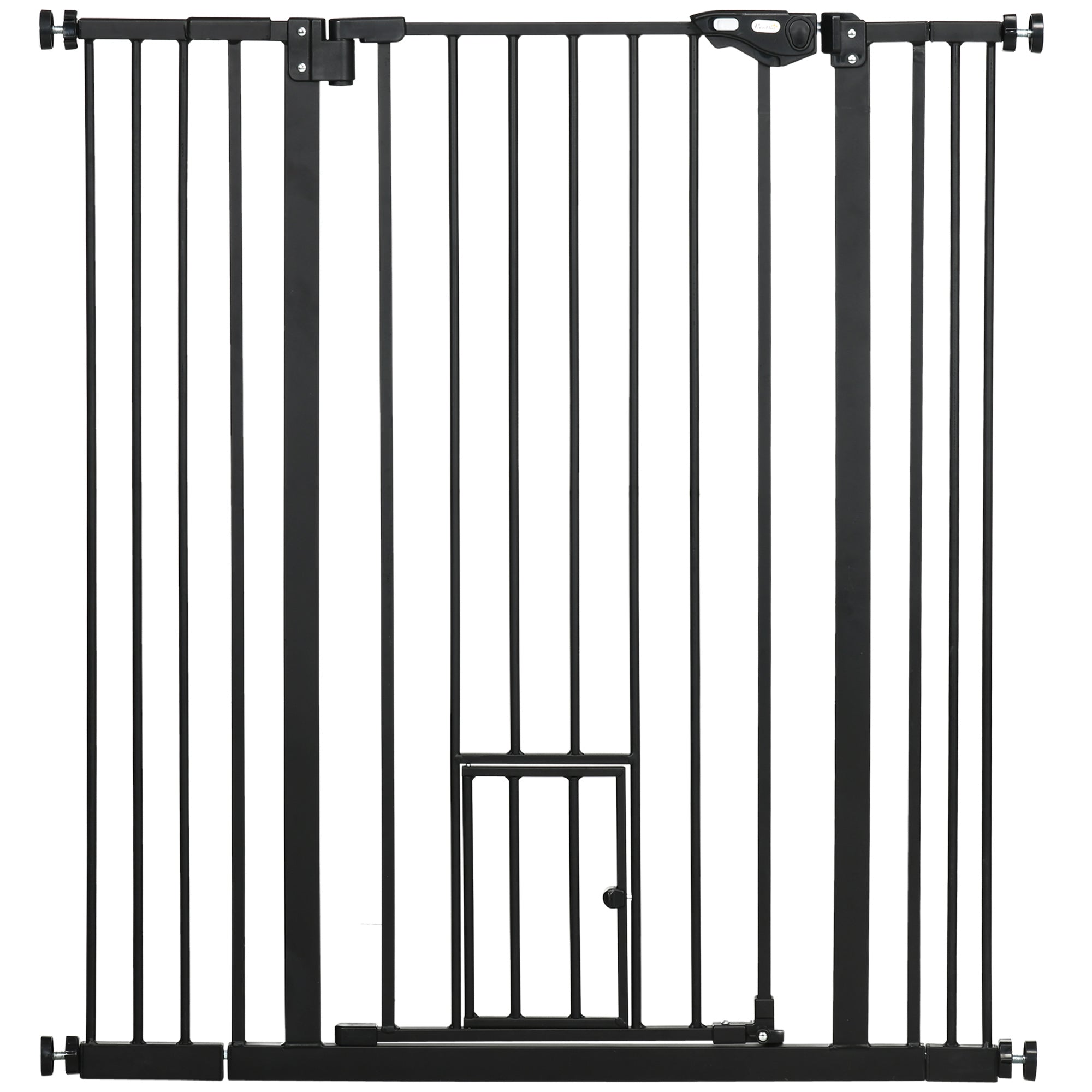 PawHut Extra Tall Pet Gate, Indoor Dog Safety Gate, with Cat Flap, Auto Close, 74-101cm Wide - Black - North Peak Garden Furniture