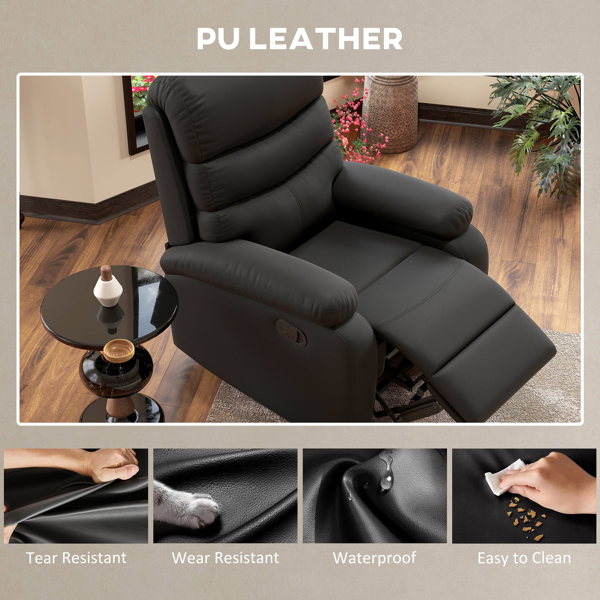 HOMCOM PU Leather Reclining Chair, Manual Recliner Chair with Padded Armrests, Retractable Footrest and Wood Frame, Black - North Peak Garden Furniture