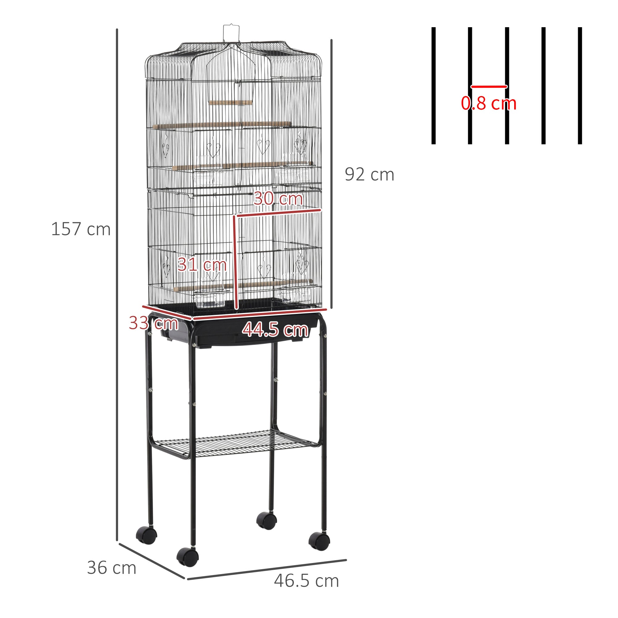 PawHut Bird Cage Budgie Cages for Finch Canary Parakeet with Stand Wheels Slide-out Tray Accessories Storage Shelf, Black 46.5 x 36 x 157 cm - North Peak Garden Furniture