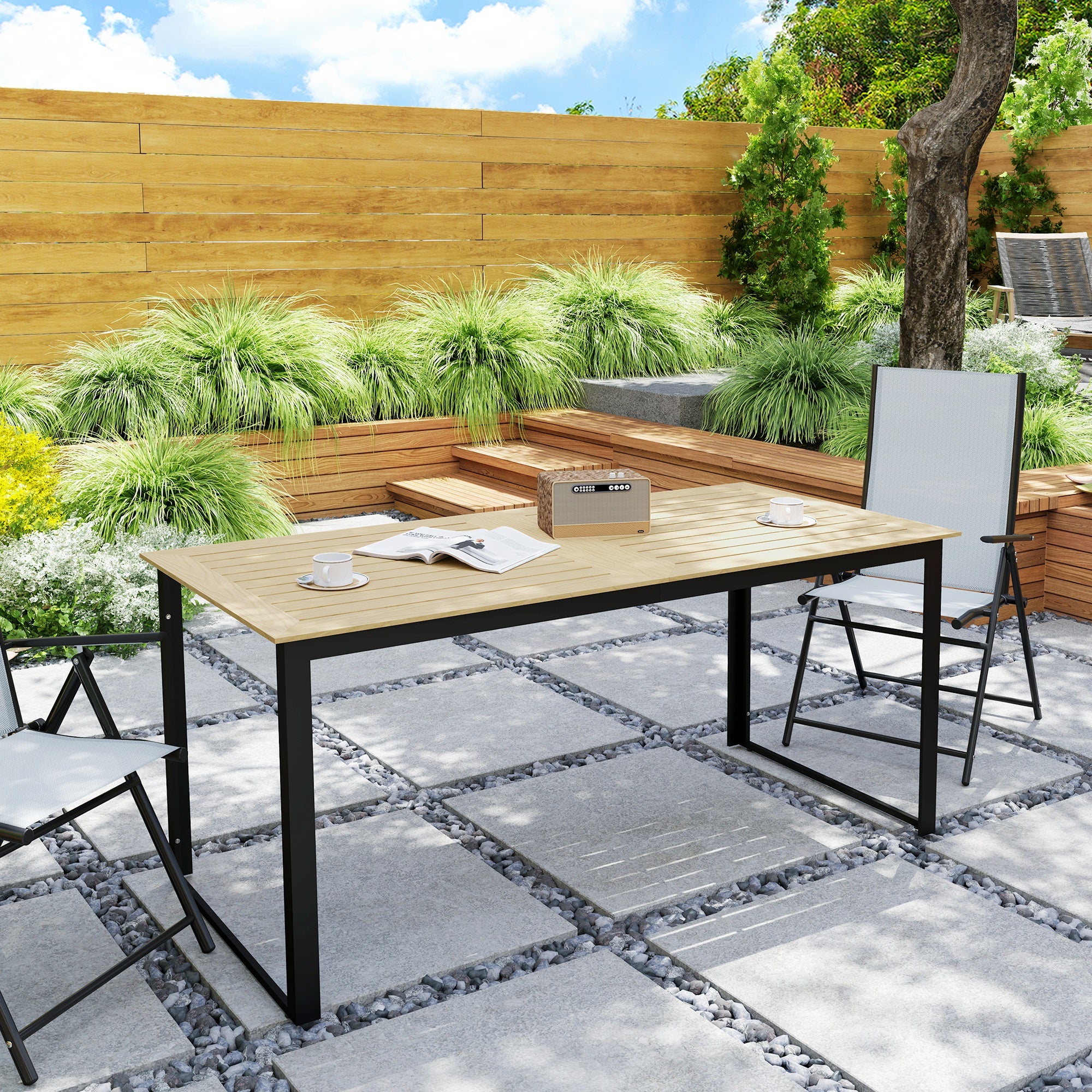 Outsunny Garden Table for 6 People, 175 x 78 x 75 cm Rectangle Outdoor Dining Table with Slatted Top, Metal Frame, for Balcony, Deck, Teak - North Peak Garden Furniture