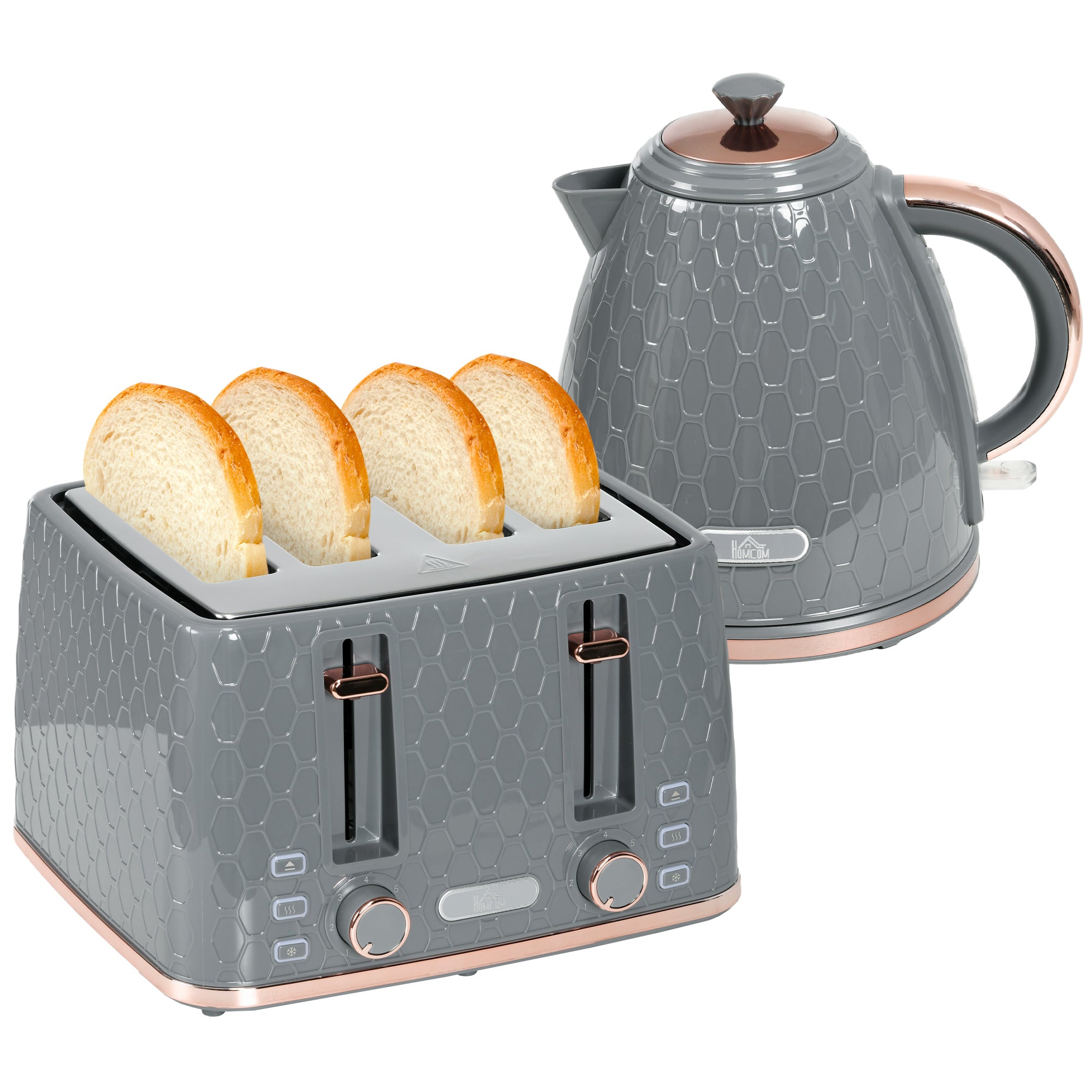 HOMCOM 1.7L 3000W Fast Boil Kettle & 4 Slice Toaster Set, Kettle and Toaster Set with 7 Browning Controls, Crumb Tray, Grey - North Peak Garden Furniture