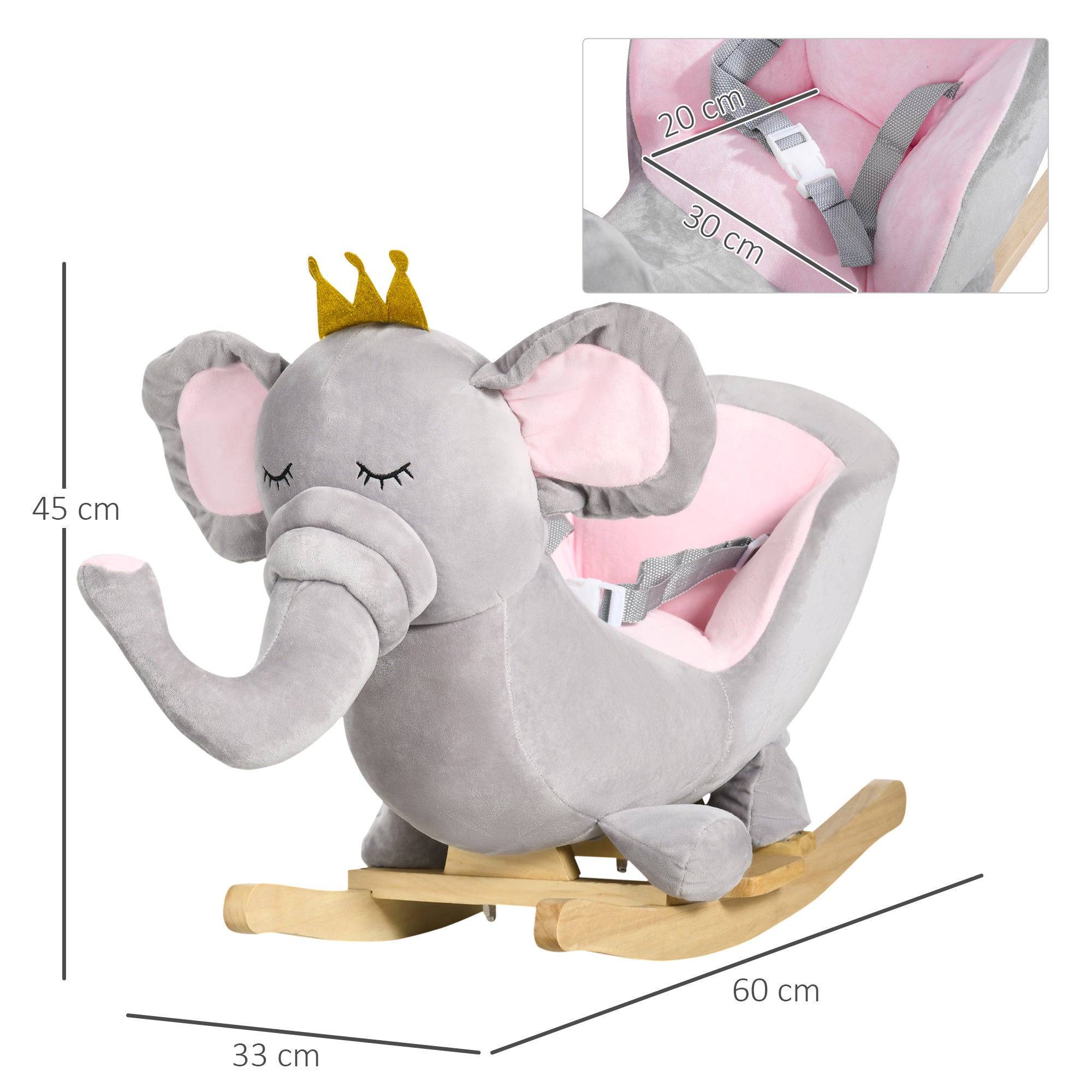HOMCOM Kids Elephant-Designed Rocking Horse, with Safety Belt, Wooden Base, for Ages 18-36 Months - Grey - North Peak Garden Furniture