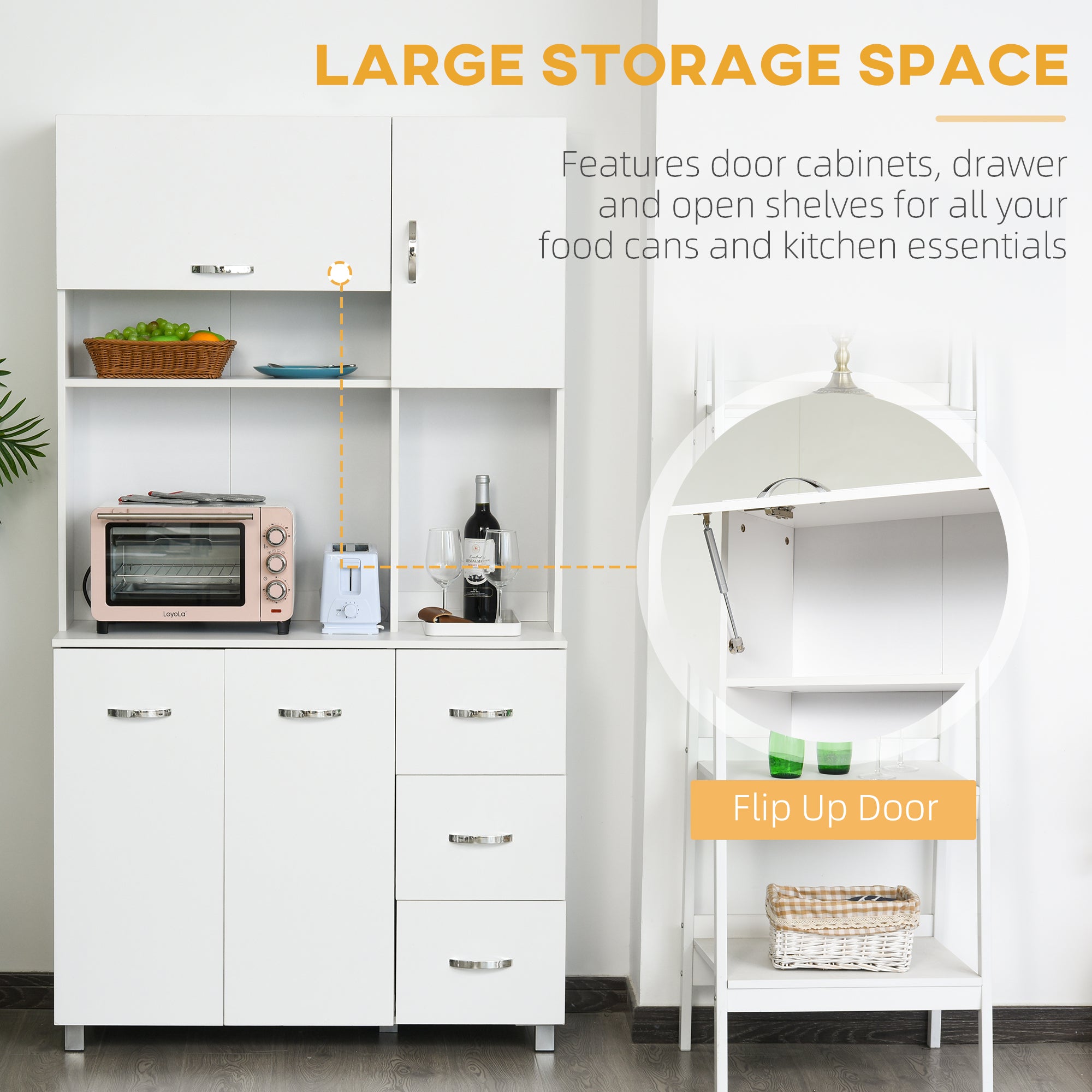HOMCOM Freestanding Kitchen Cupboard, Storage Cabinet with Doors and Shelves, Drawers, Open Compartments for Microwave,White