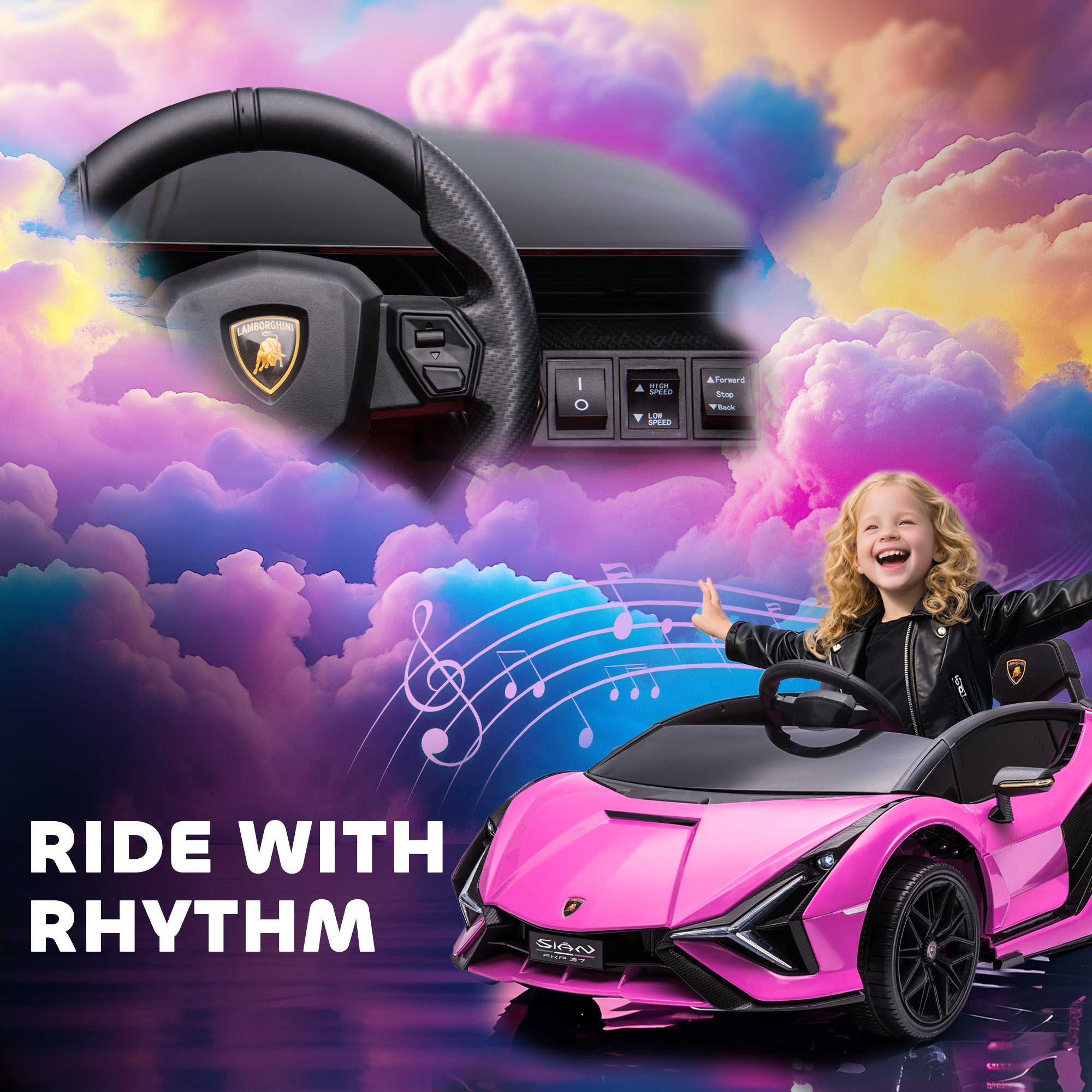 HOMCOM Lamborghini Sian Licensed 12V Kids Electric Ride On Car 2 Motors Toy Car with Remote Control Music Lights MP3 for 3-5 Years Pink