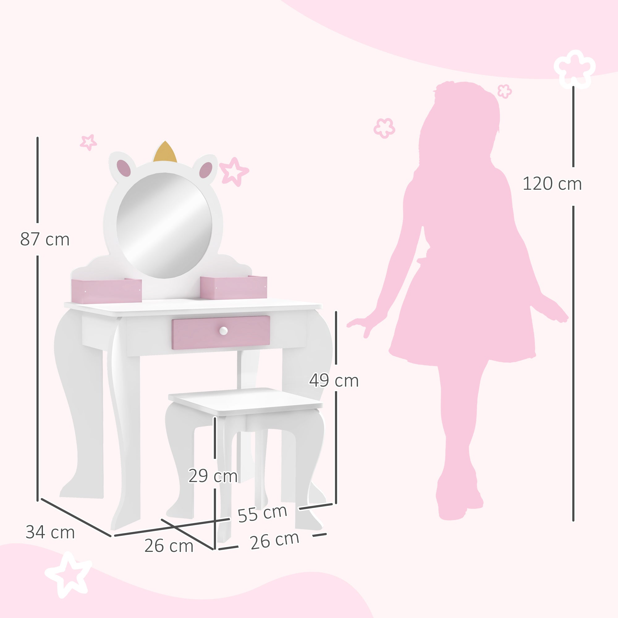 ZONEKIZ Unicorn-Design Kids Dressing Table, with Mirror and Stool - White